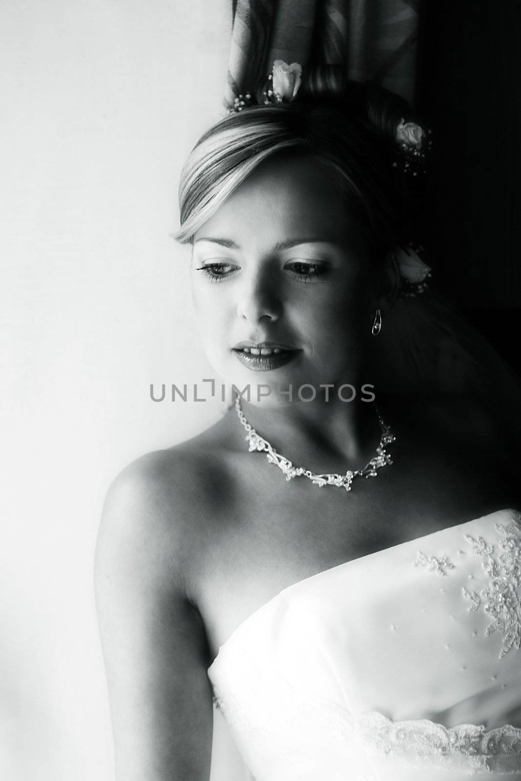 Portrait of the smiling beautiful bride. b/w+blue tone