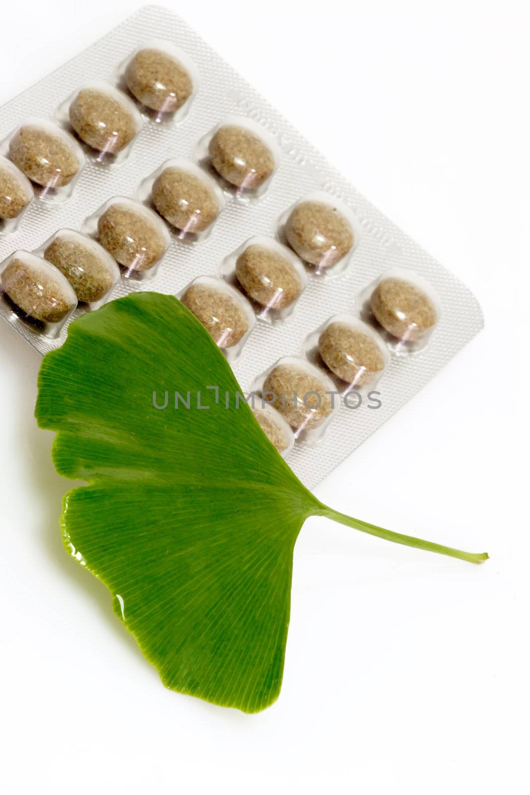 Ginkgo biloba leaf with pills on bright background. 