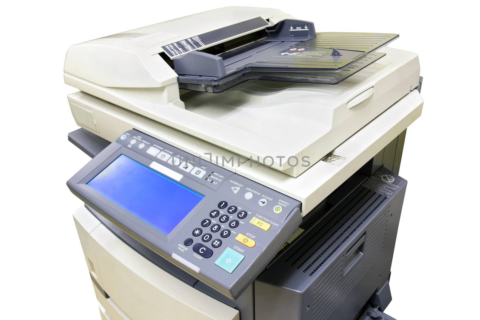 Modern photocopier with digital display isolated on white background