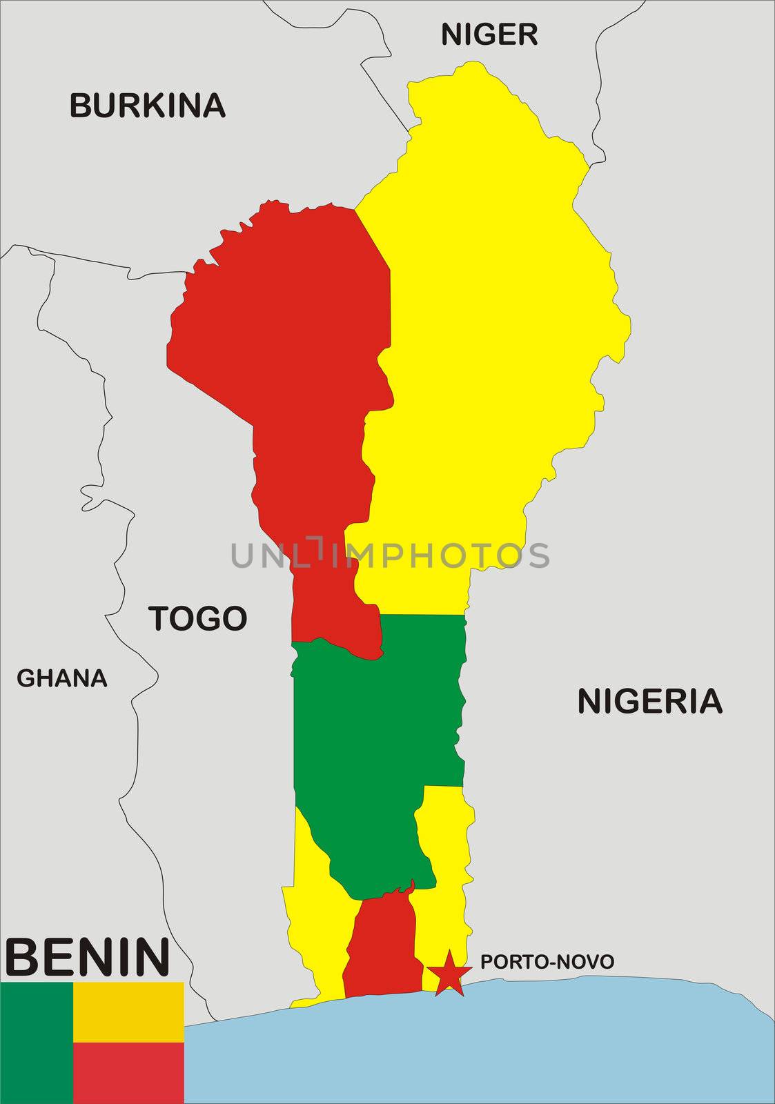 political map of Benin country with flag illustration