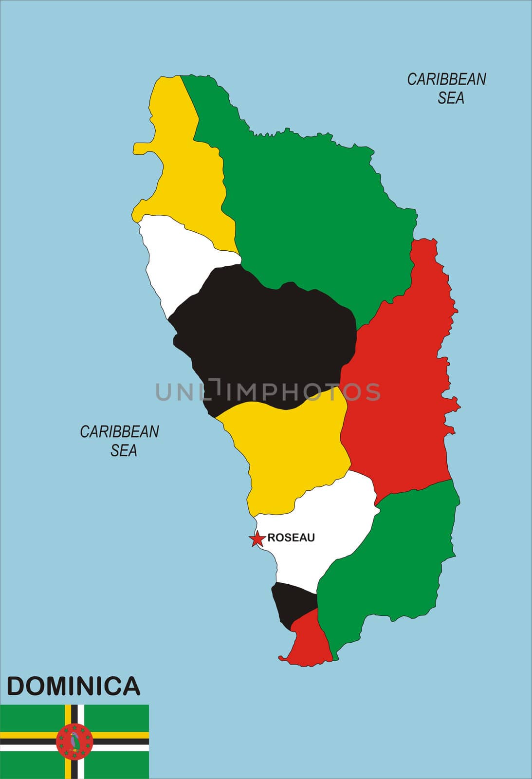 political map of Dominica country with flag illustration