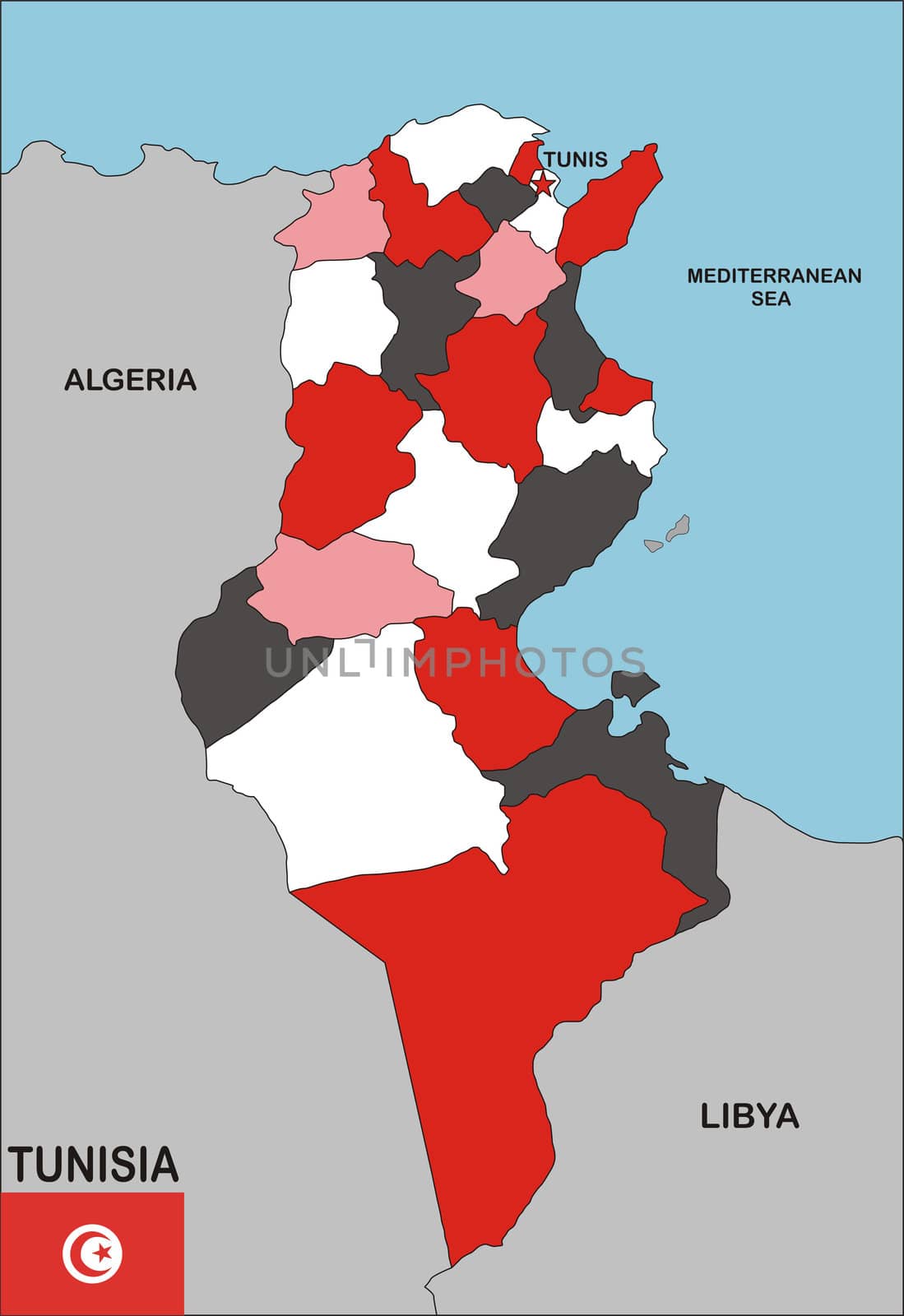 political map of Tunisia country with flag illustration