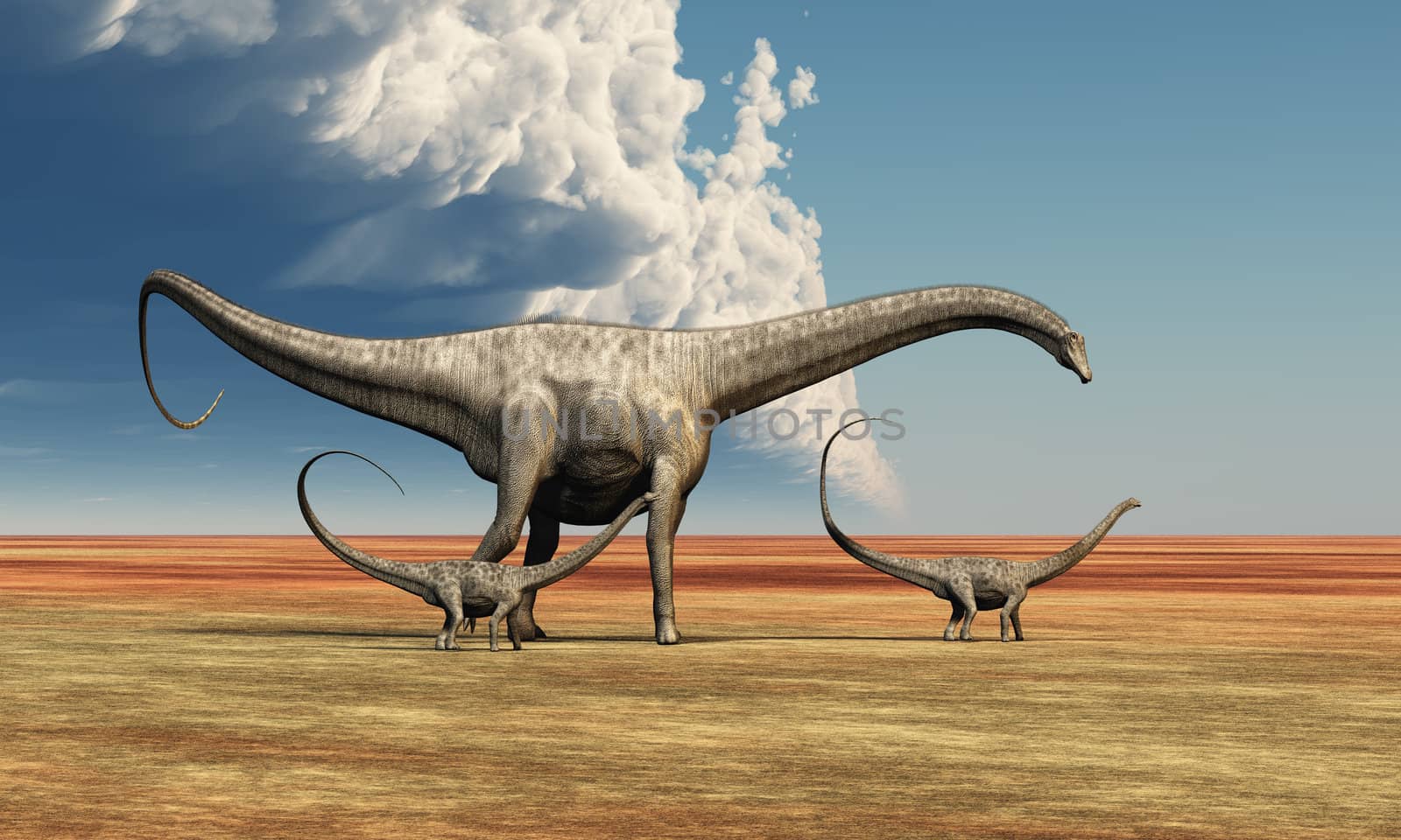 Mother Diplodocus dinosaur walks along with her brood of youngsters.
