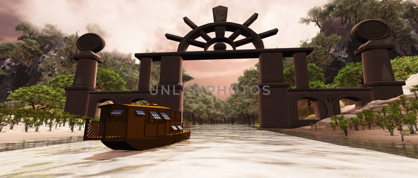 A junk boat travels under a gate to a mysterious gorge.