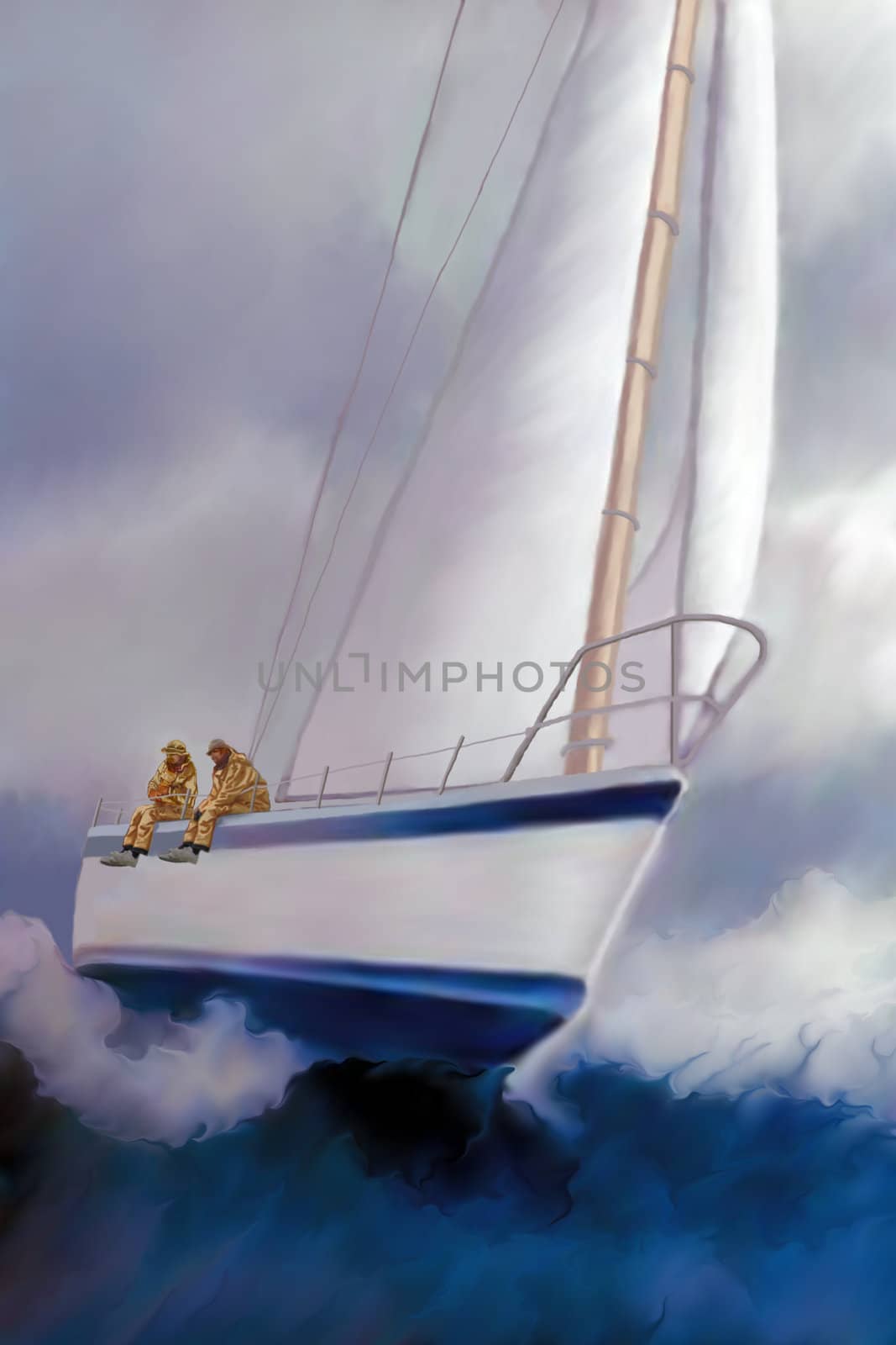 Two sailors enjoy the excitement of rough seas and the ride of a sailboat heeling over.