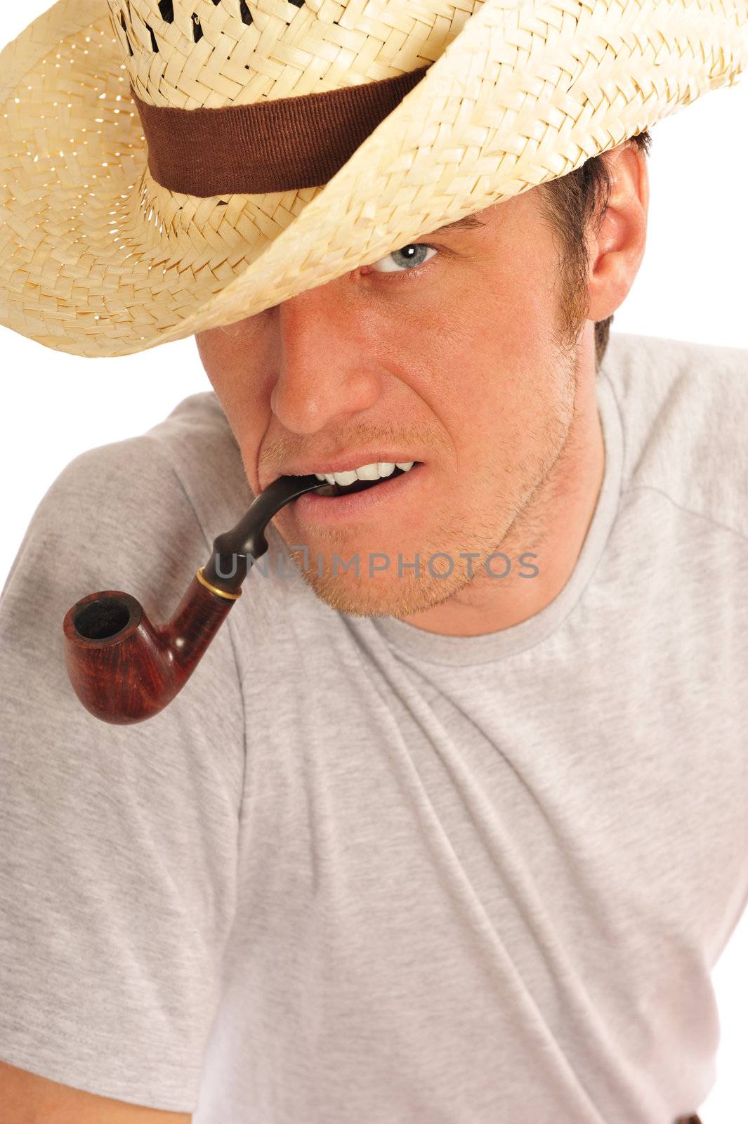 Cowboy with a pipe isolated on white
