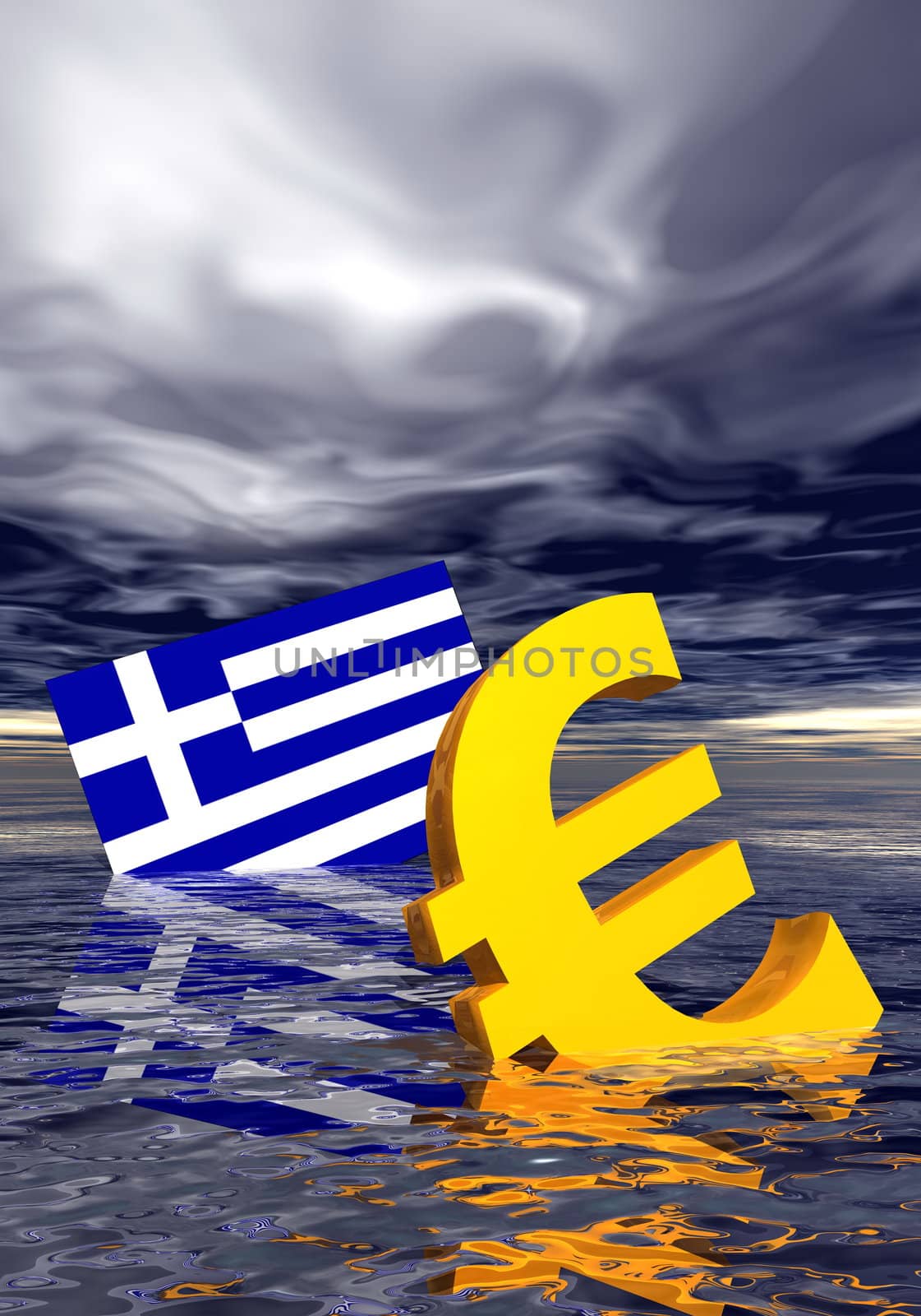 Ill euro symbol and greek flag drowning in the ocean by stormy weather