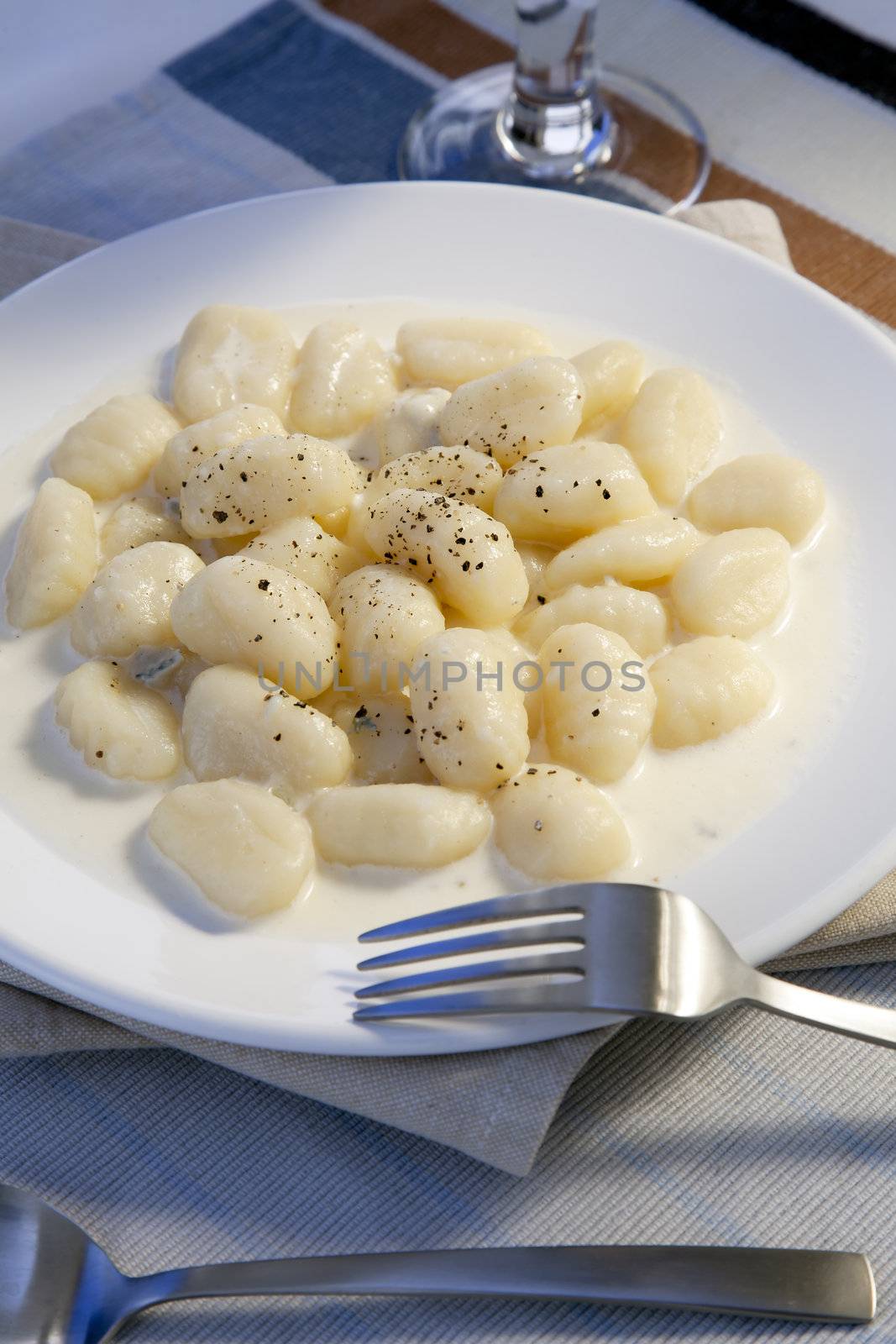 Fresh gnocchi with white sauce and pepper on white plate