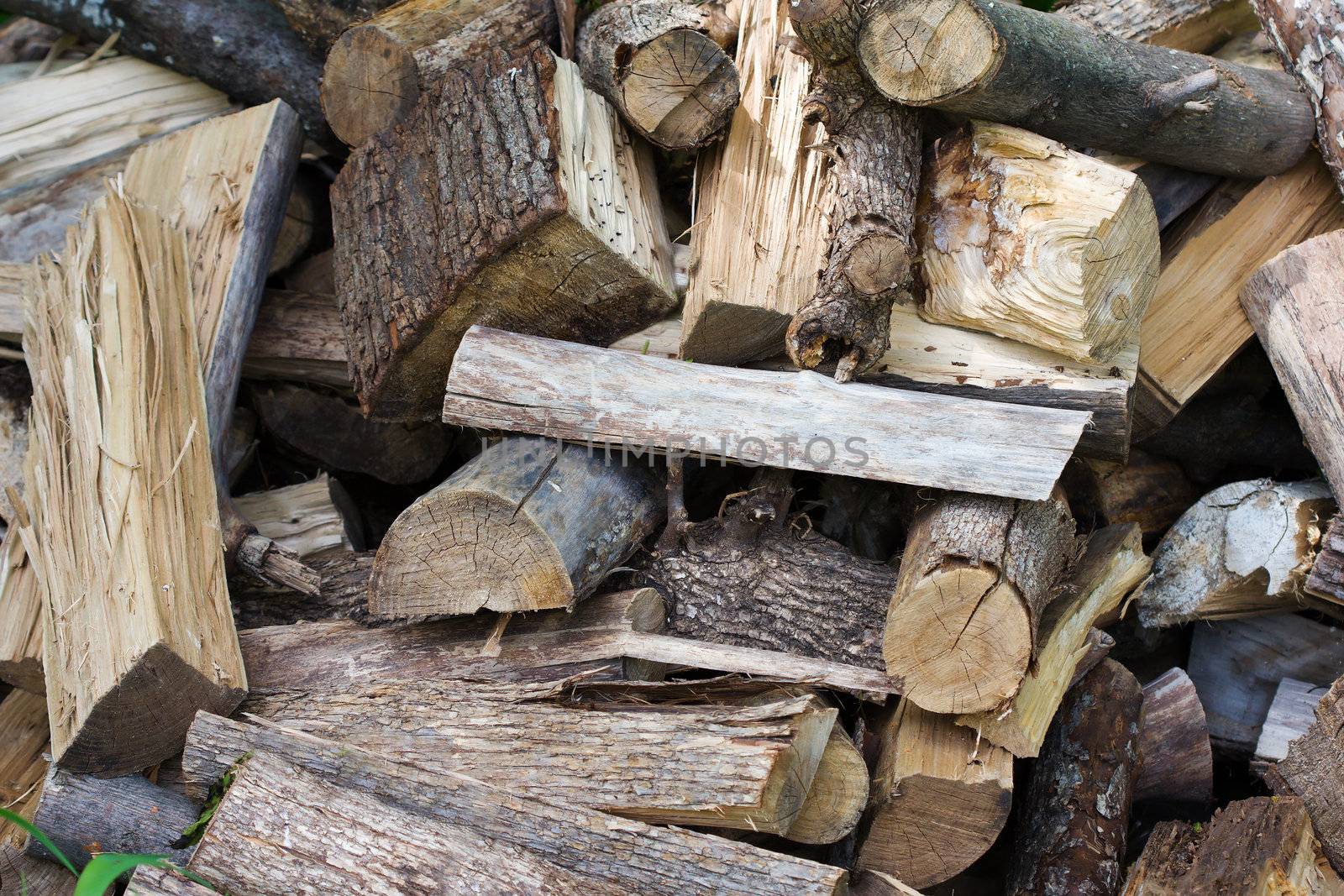 Uncut firewood in an unorganized pile.