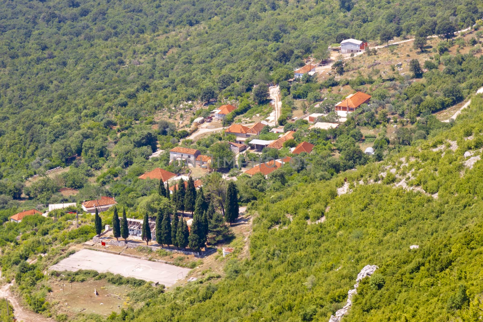 Aerial view on typical village in Montenegro near Skadarsko lake. Balkans