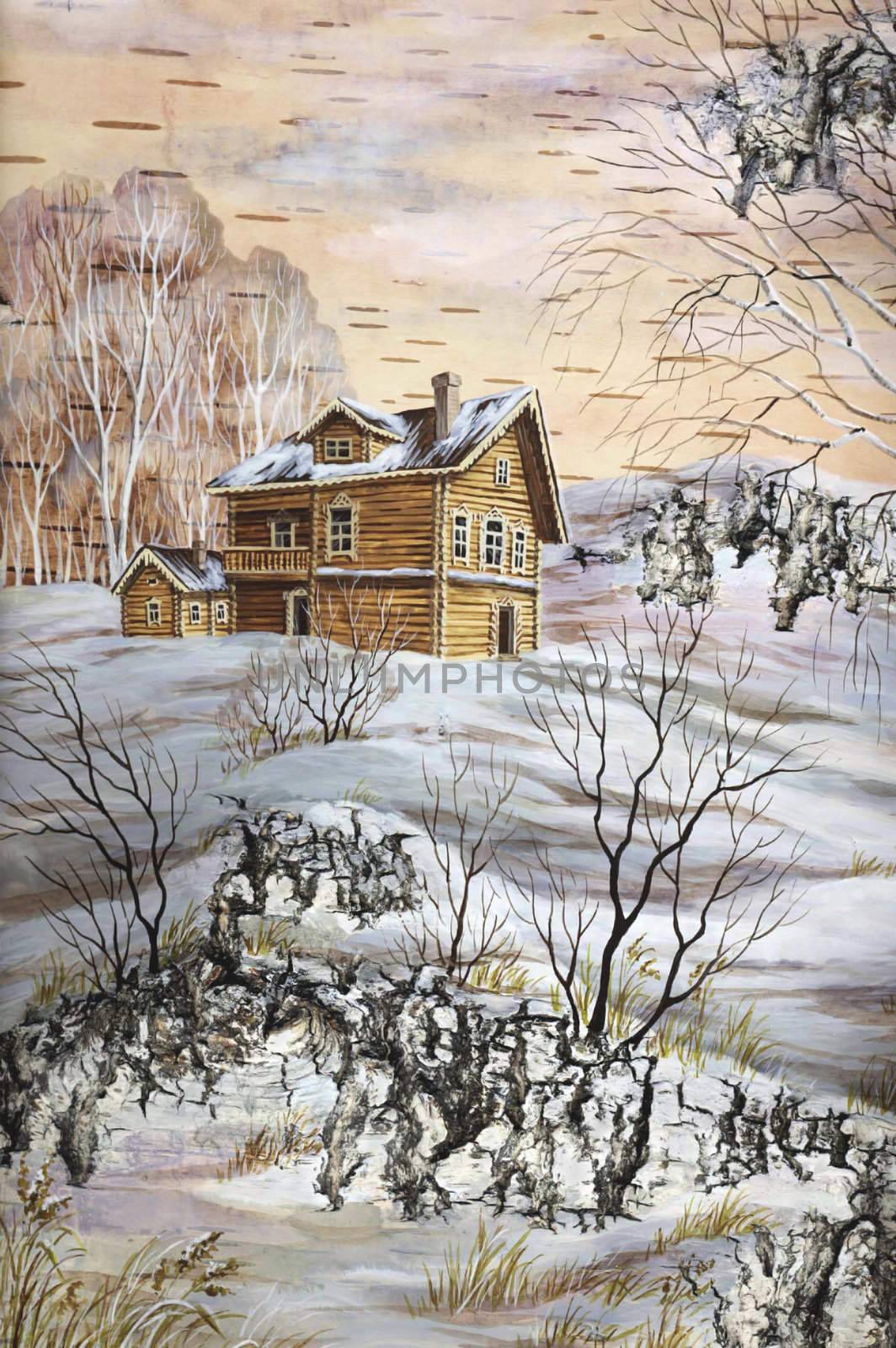 Picture, house with a wooden carving. Drawing distemper on a birch bark