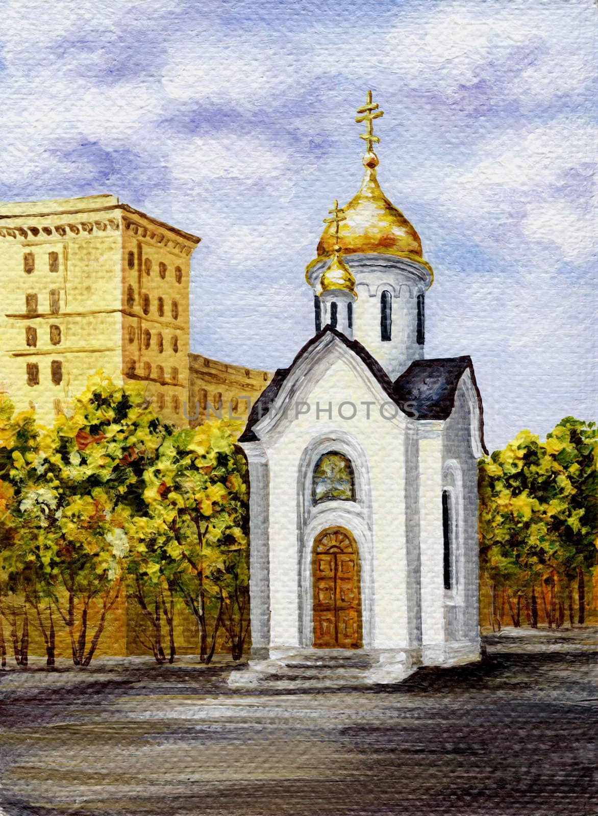 Picture oil paints on a canvas: Chapel in honour of sacred Nikolay, Russia, Novosibirsk
