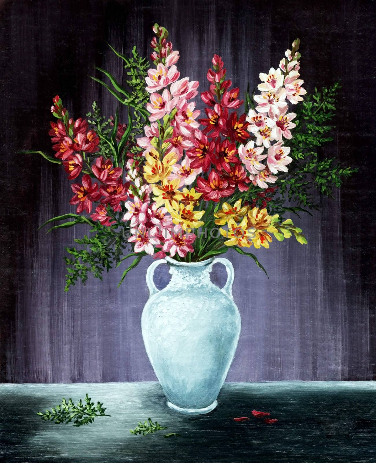 Picture oil paints on a canvas: bouquet of freesia in a white amphora