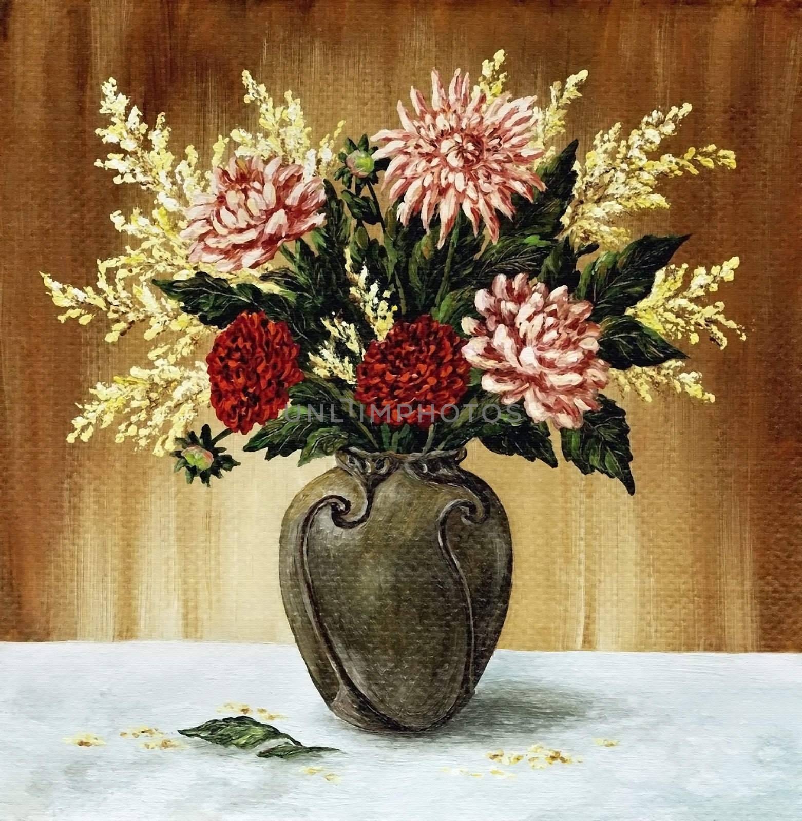Picture oil paints on a canvas: a bouquet of dahlias in a ceramic vase