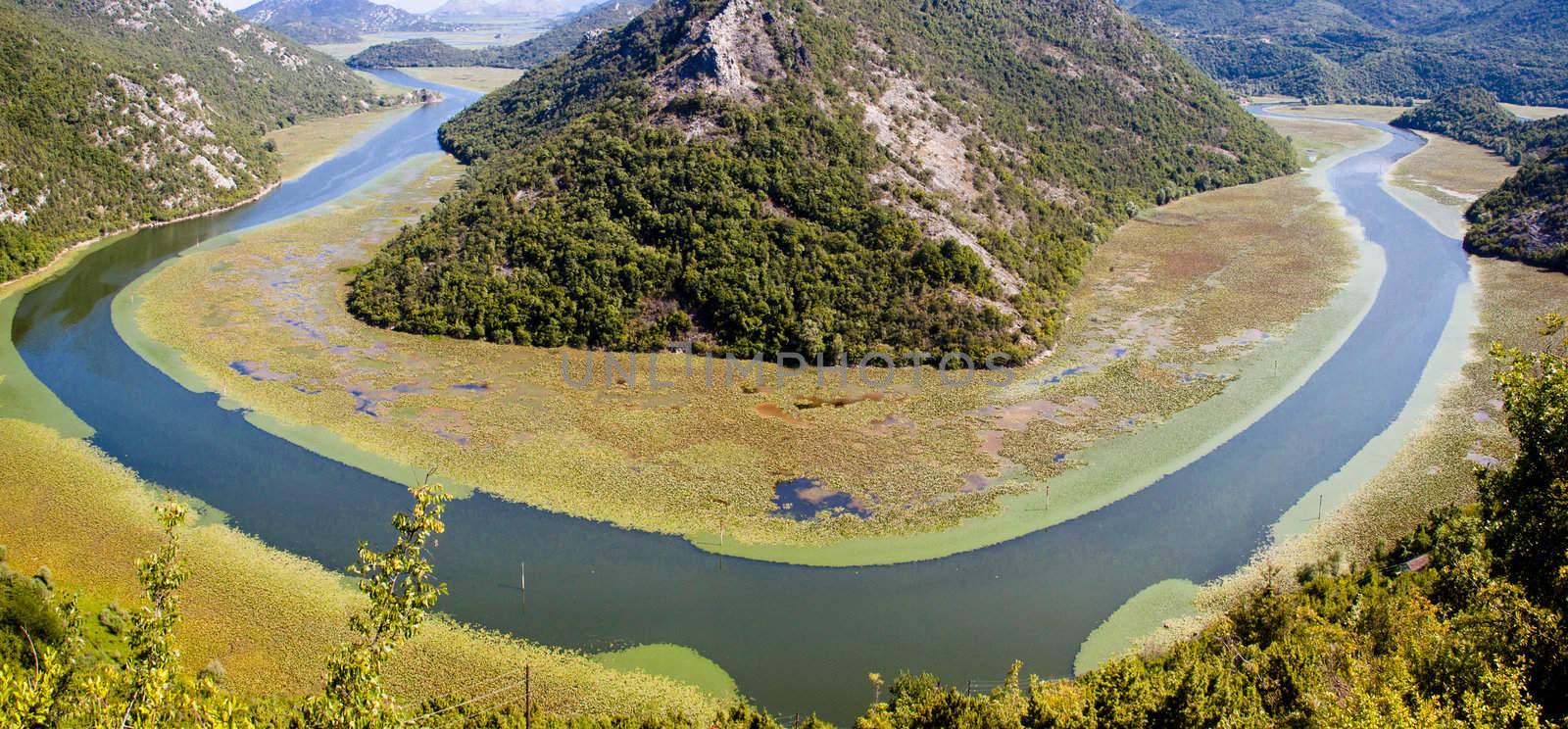 Panorama of river to Skadarsko lake in Montenegro, Balkans.
