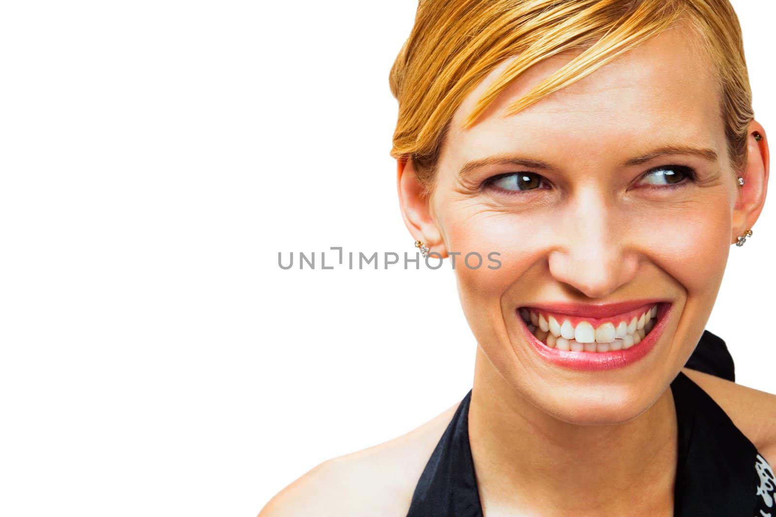 Caucasian young woman posing and smiling isolated over white