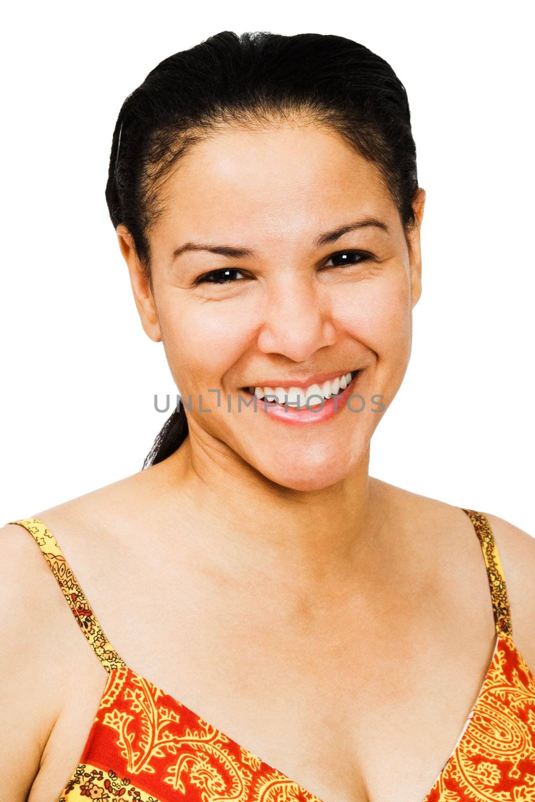 Woman smiling and posing isolated over white