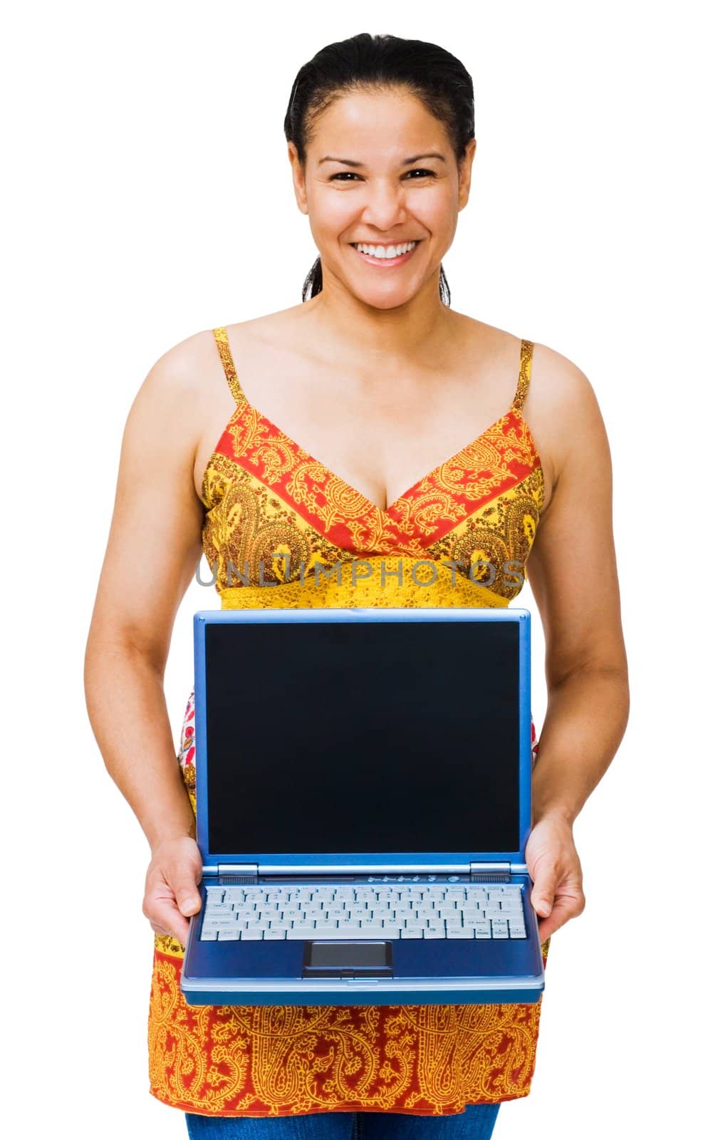 Portrait of a woman holding a laptop and smiling isolated over white