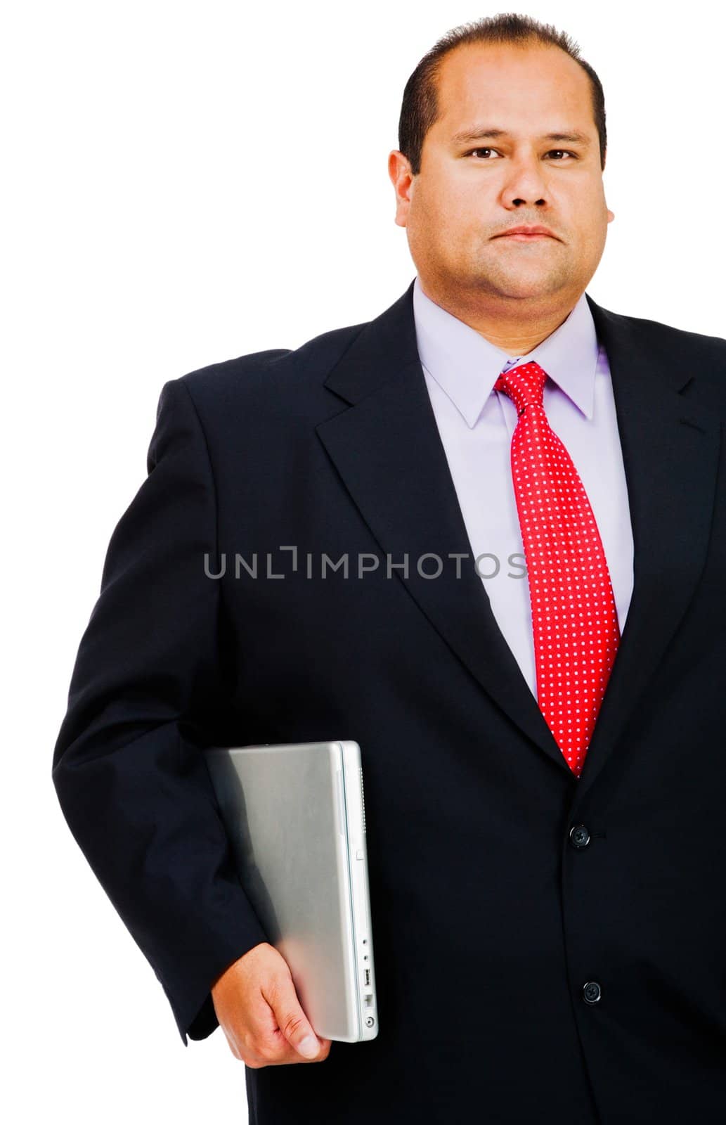 Portrait of a mid adult businessman holding a laptop isolated over white