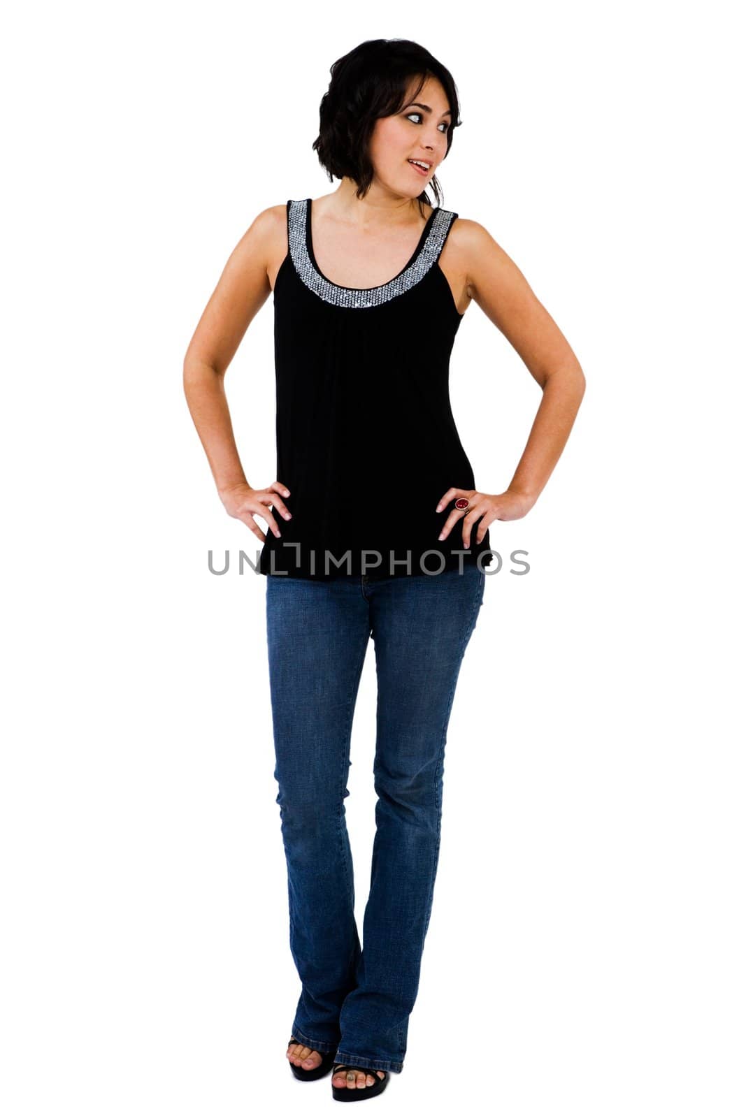 Young woman posing and smiling isolated over white