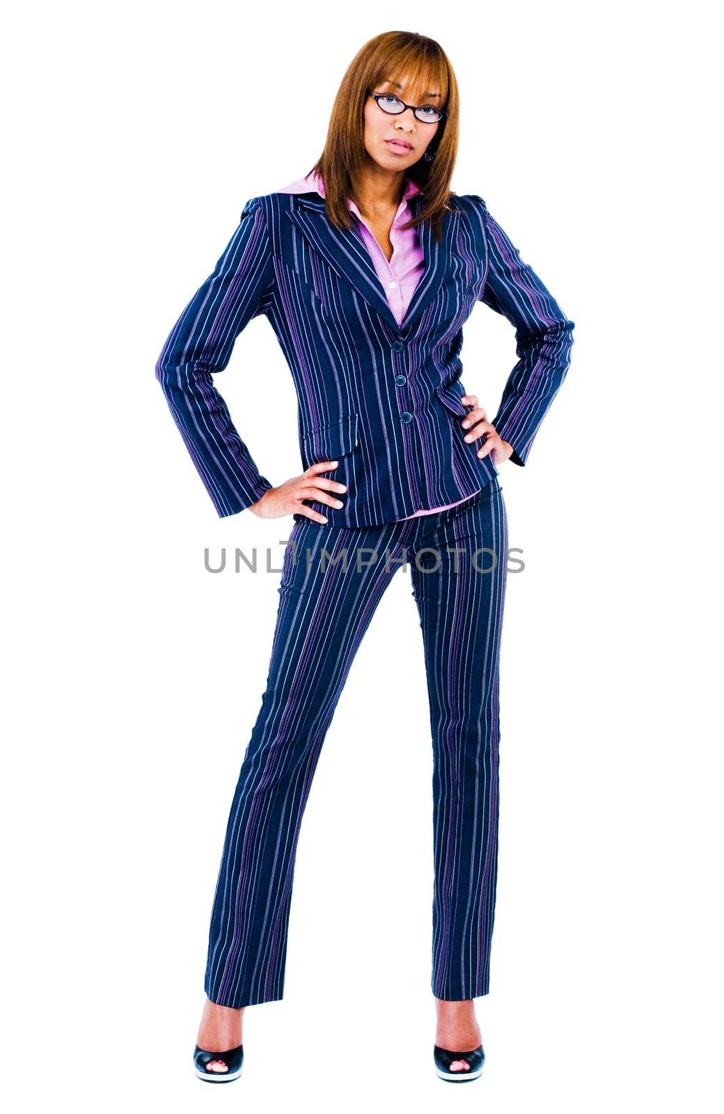Woman standing with arms akimbo isolated over white
