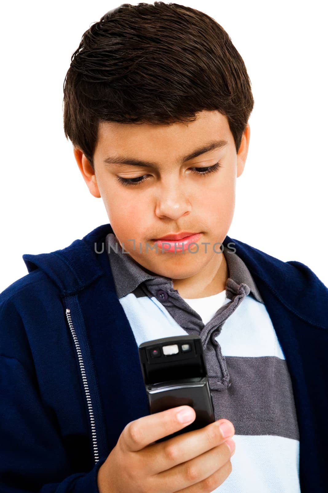 Boy text messaging isolated over white