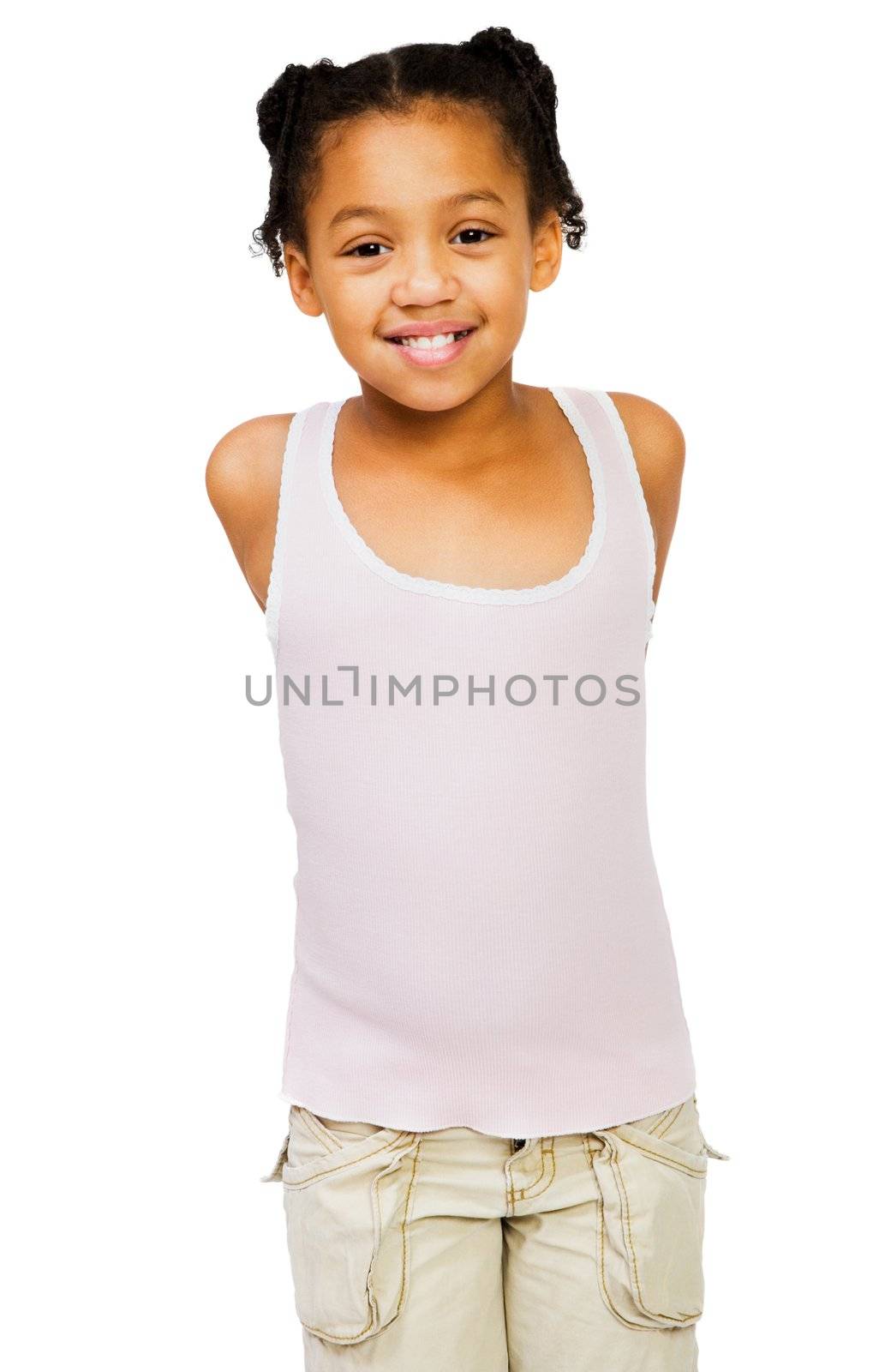 African American girl posing and smiling isolated over white