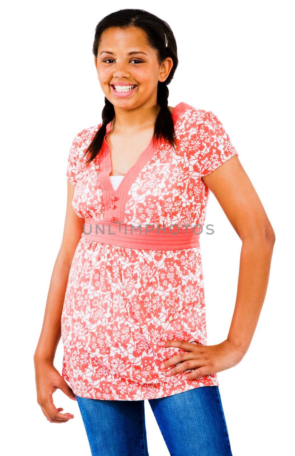 African American teenage girl standing isolated over white