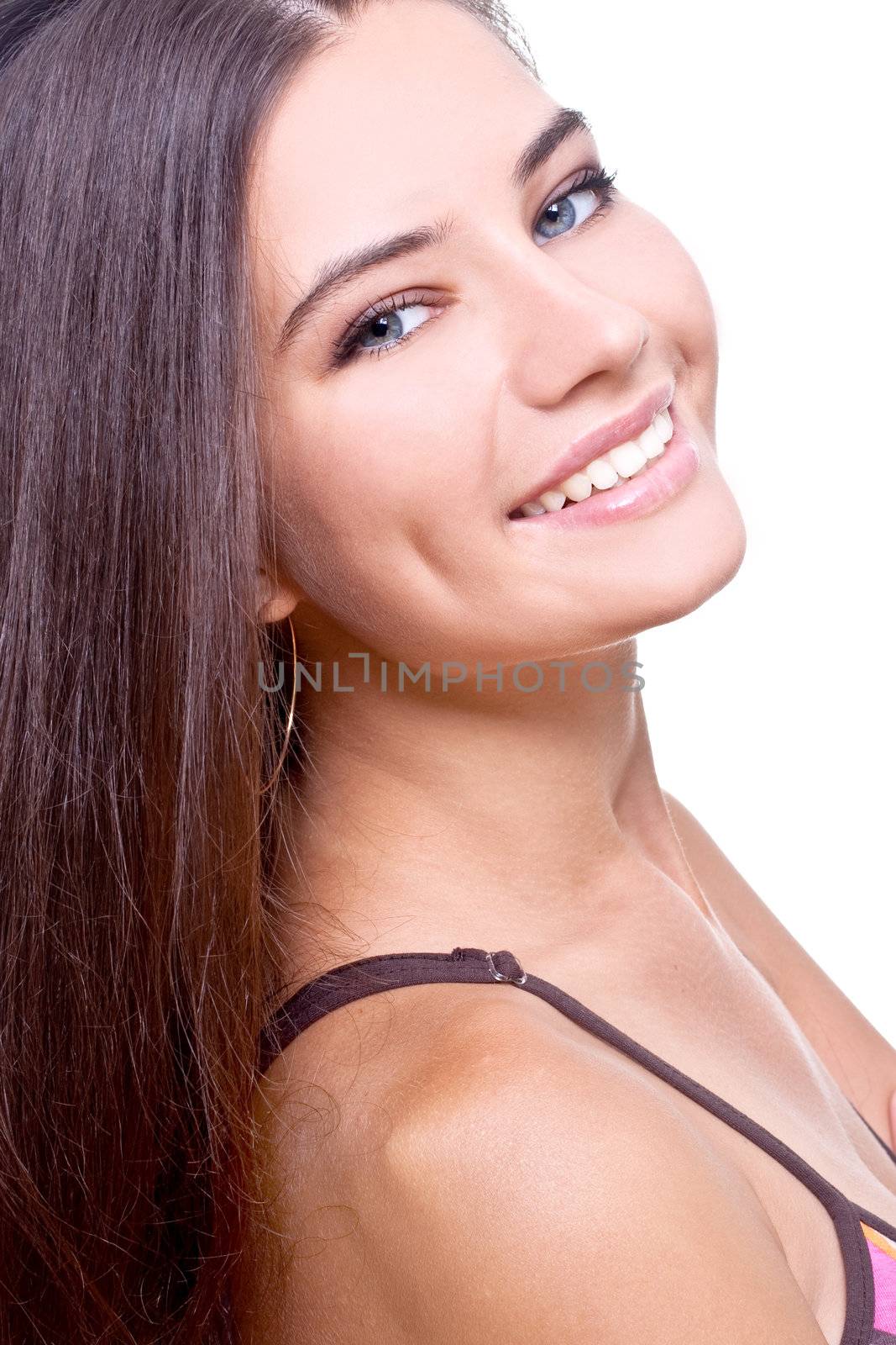 beautiful woman face posing on a white background
