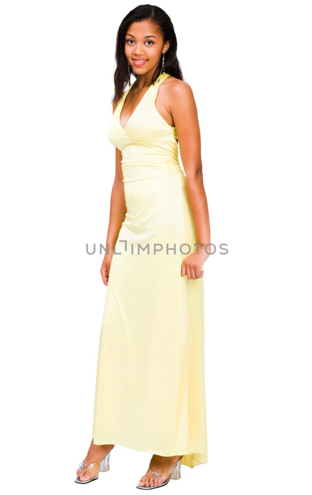 Teenage girl smiling isolated over white