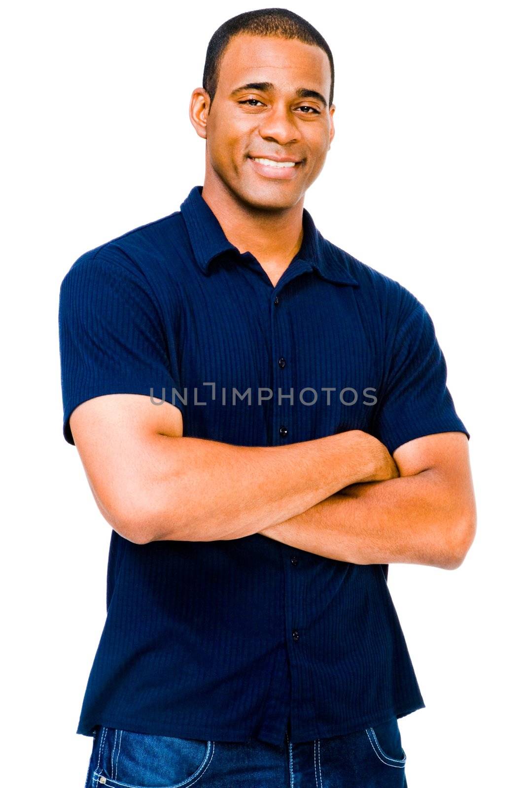 Confident man posing and smiling isolated over white