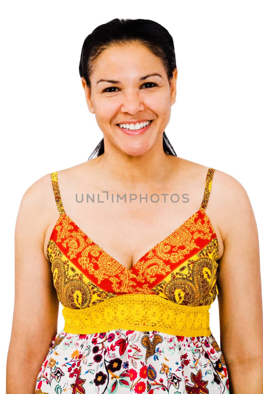 Mixed race young woman smiling and posing isolated over white