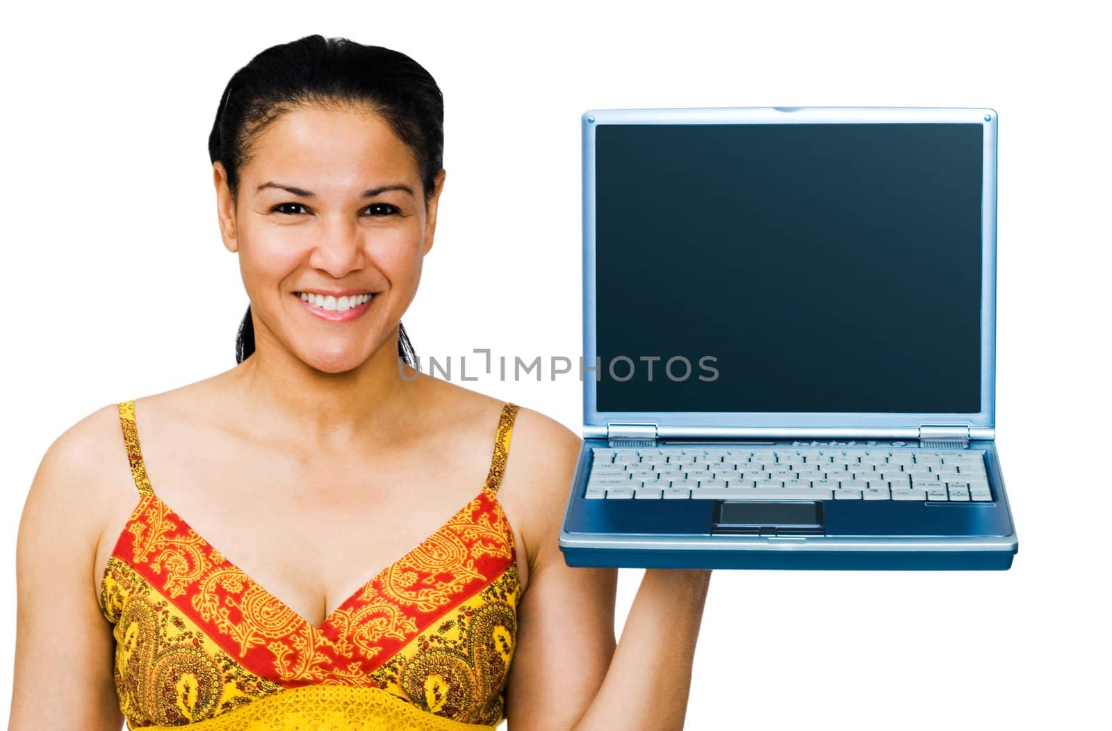 Close-up of a woman holding a laptop and smiling isolated over white