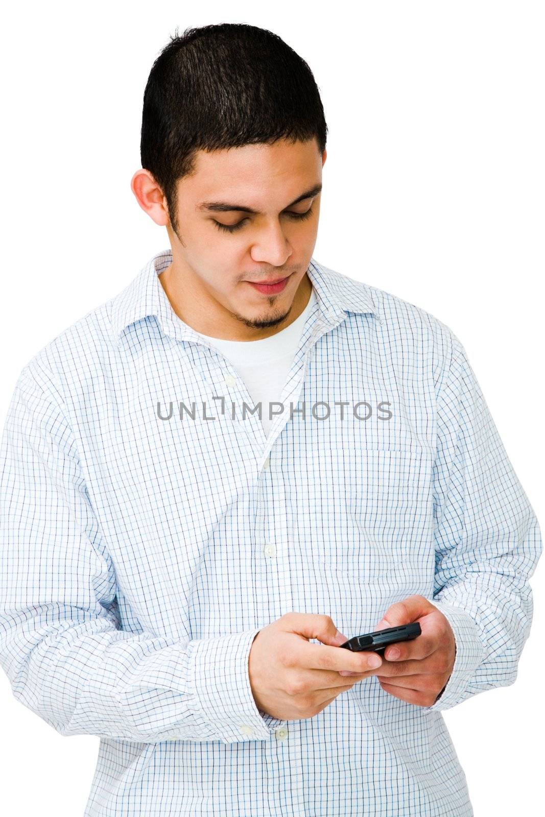 Man using a mobile phone isolated over white