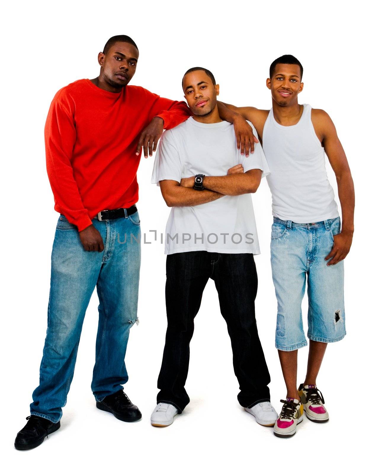 Male friends posing isolated over white