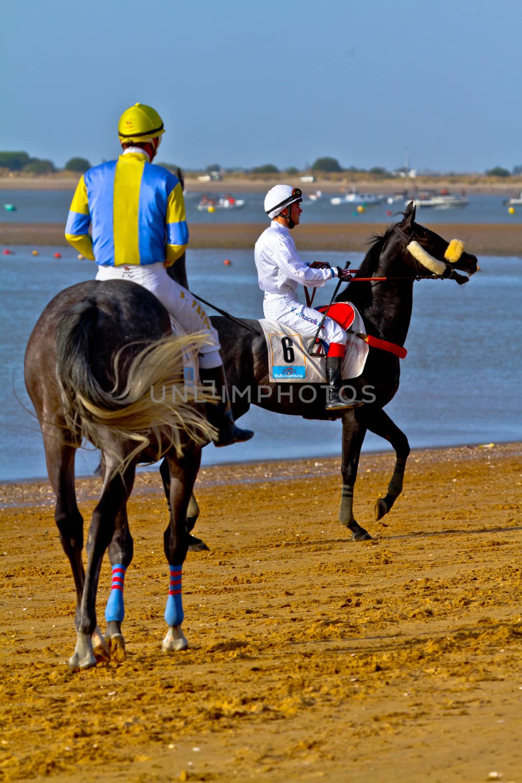 SANLUCAR DE BARRAMEDA, CADIZ, SPAIN - AUGUST 10: Unidentified riders at the start of race horses on Sanlucar de Barrameda beach on August 10, 2011 in Sanlucar de Barrameda, Cadiz, Spain.