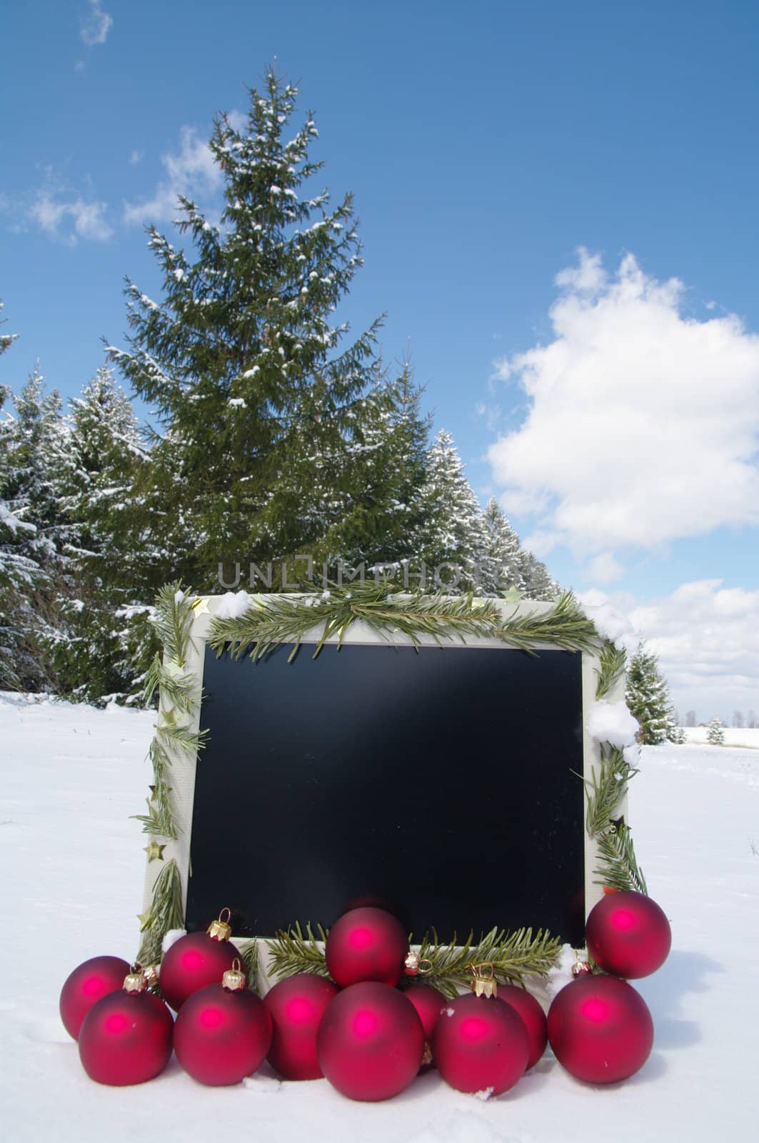 a decorated screen in snowy winter landscape