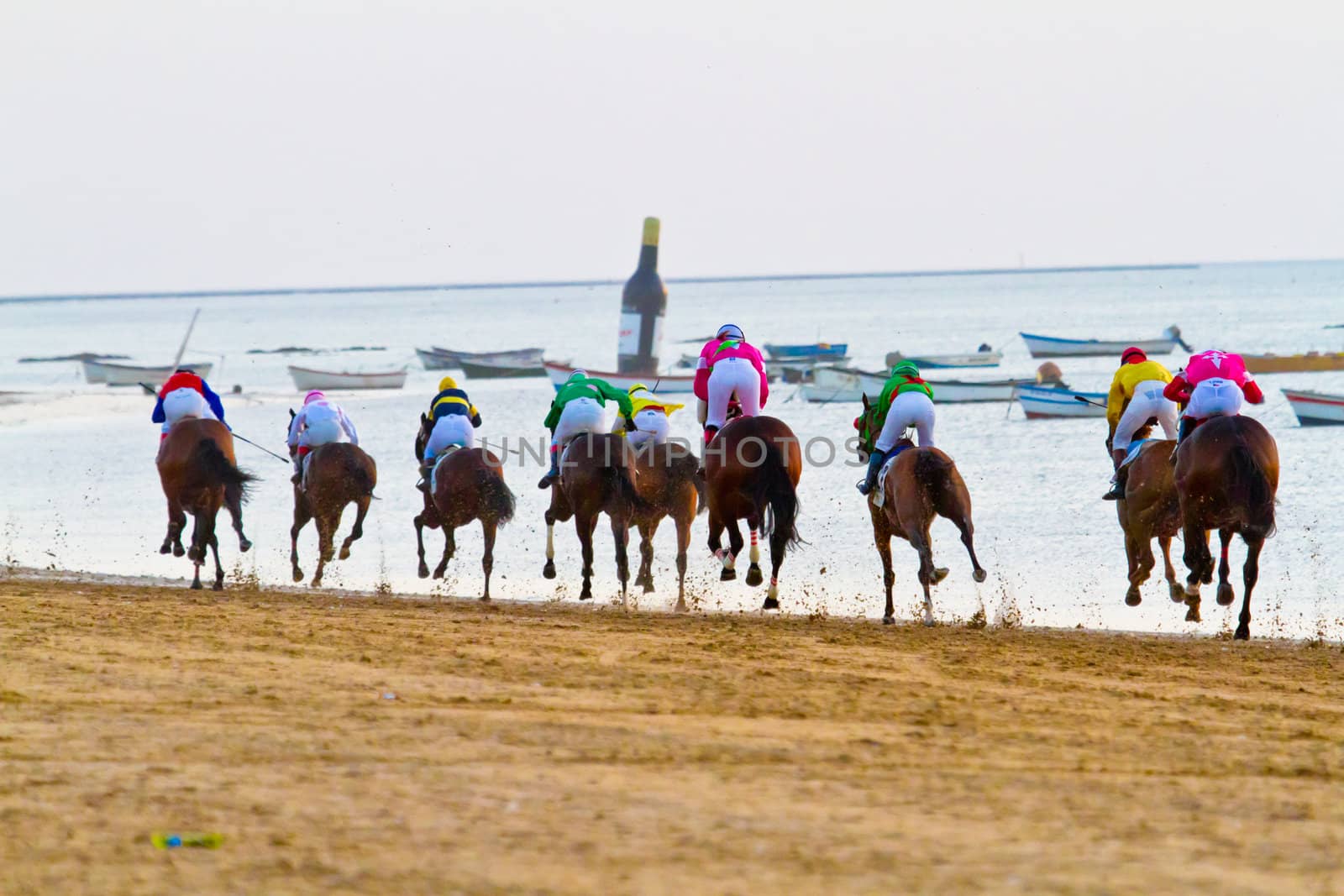 SANLUCAR DE BARRAMEDA, CADIZ, SPAIN - AUGUST 10: Unidentified riders race horses on Sanlucar de Barrameda beach on August 10, 2011 in Sanlucar de Barrameda, Cadiz, Spain.