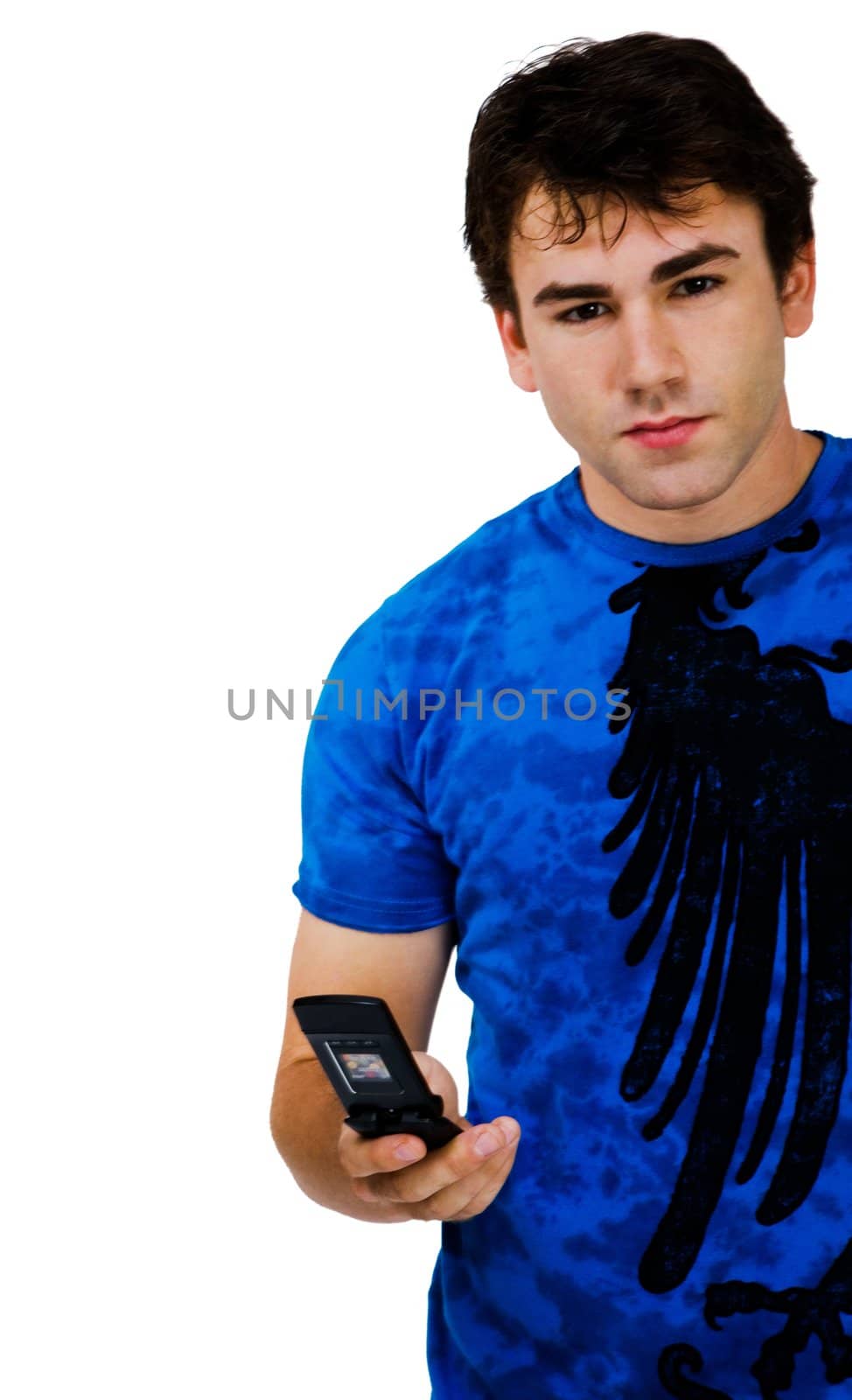 Portrait of a man text messaging on a mobile phone isolated over white