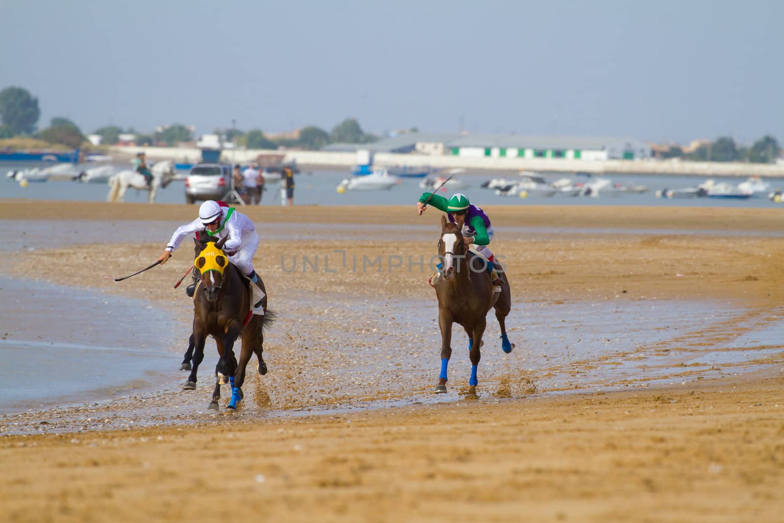SANLUCAR DE BARRAMEDA, CADIZ, SPAIN - AUGUST 11: Unidentified riders race horses on Sanlucar de Barrameda beach on August 11, 2011 in Sanlucar de Barrameda, Cadiz, Spain.