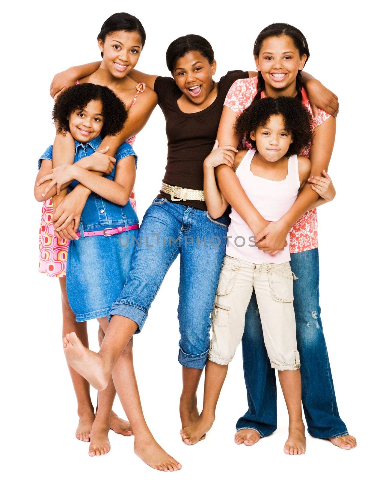 Portrait of female friends smiling and posing isolated over white