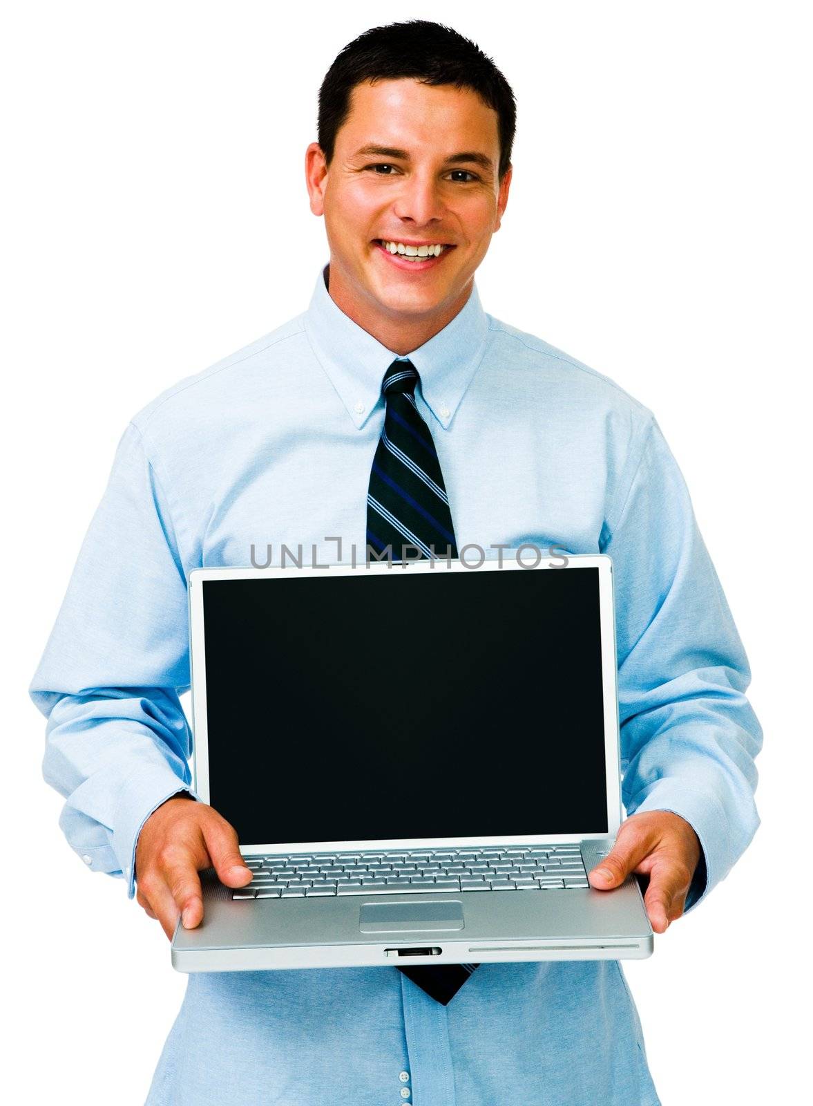 Businessman holding a laptop and smiling isolated over white