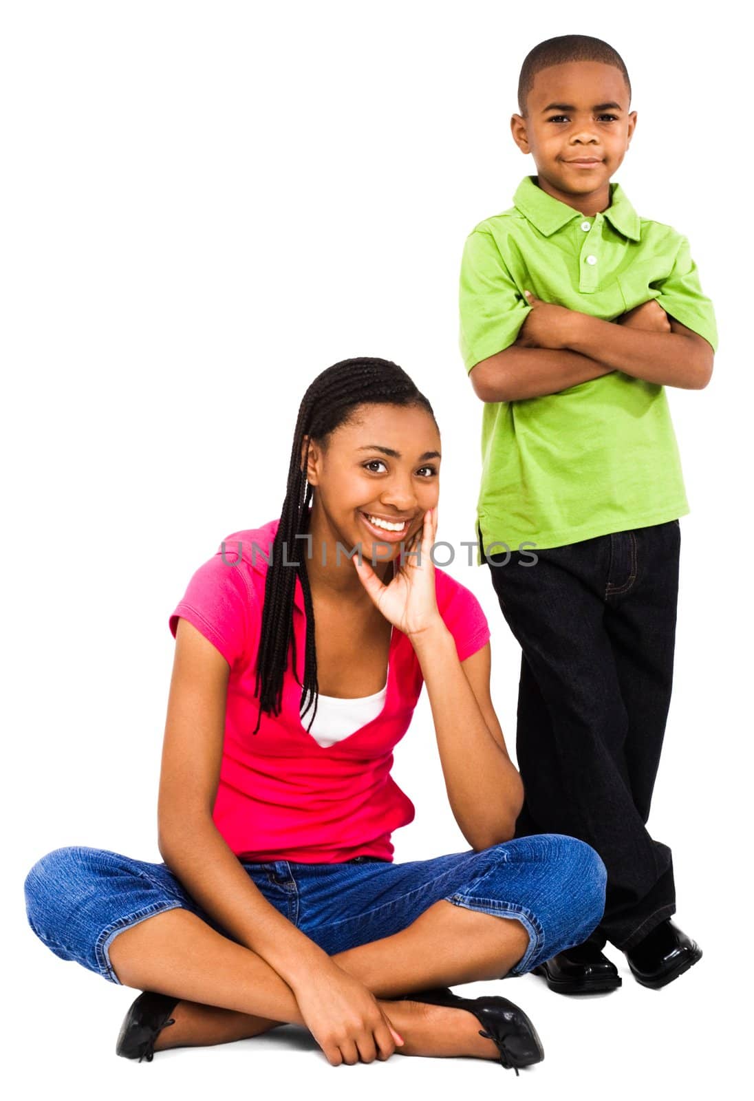 Portrait of a teenage girl smiling with a boy isolated over white