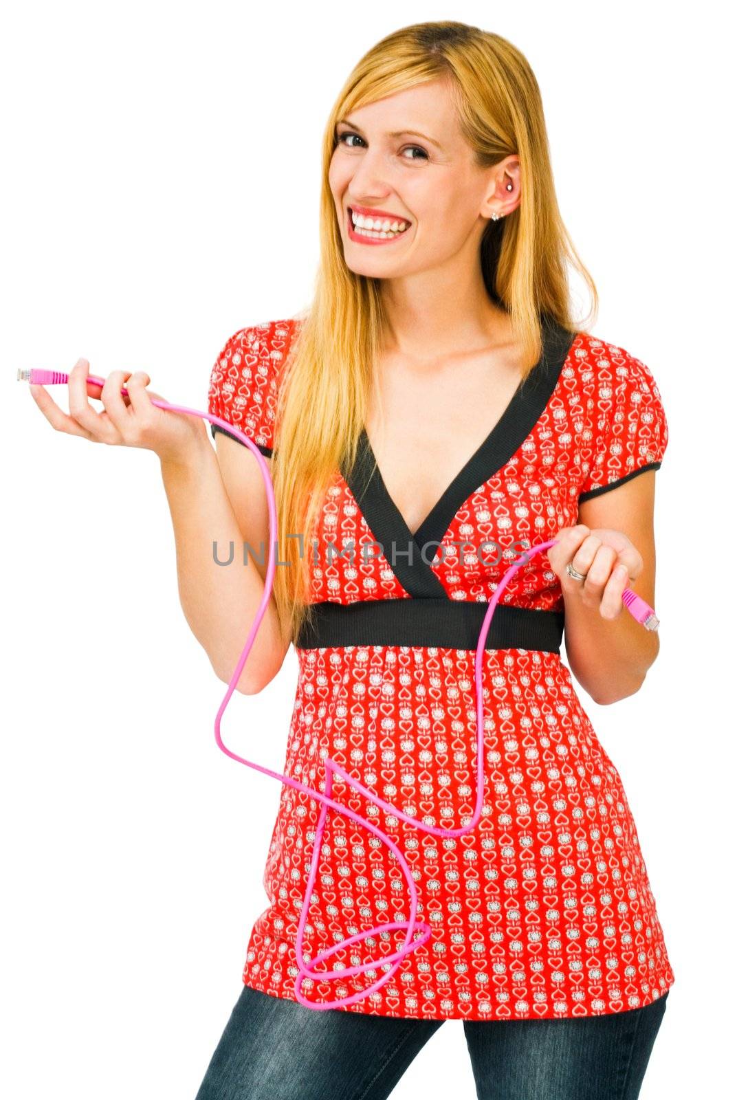 Woman holding a computer cable by jackmicro