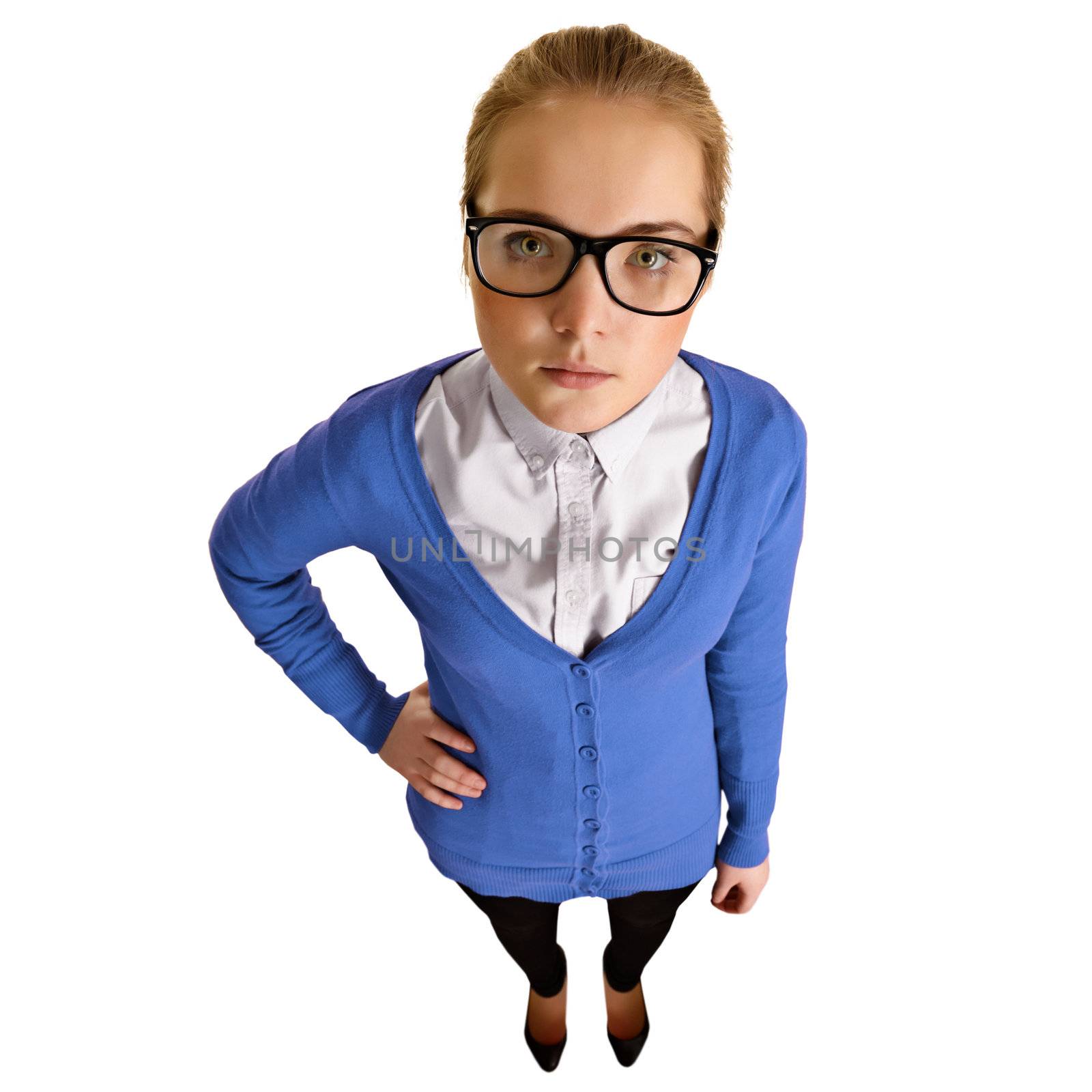 Funny girl with big glasses isolated on white background