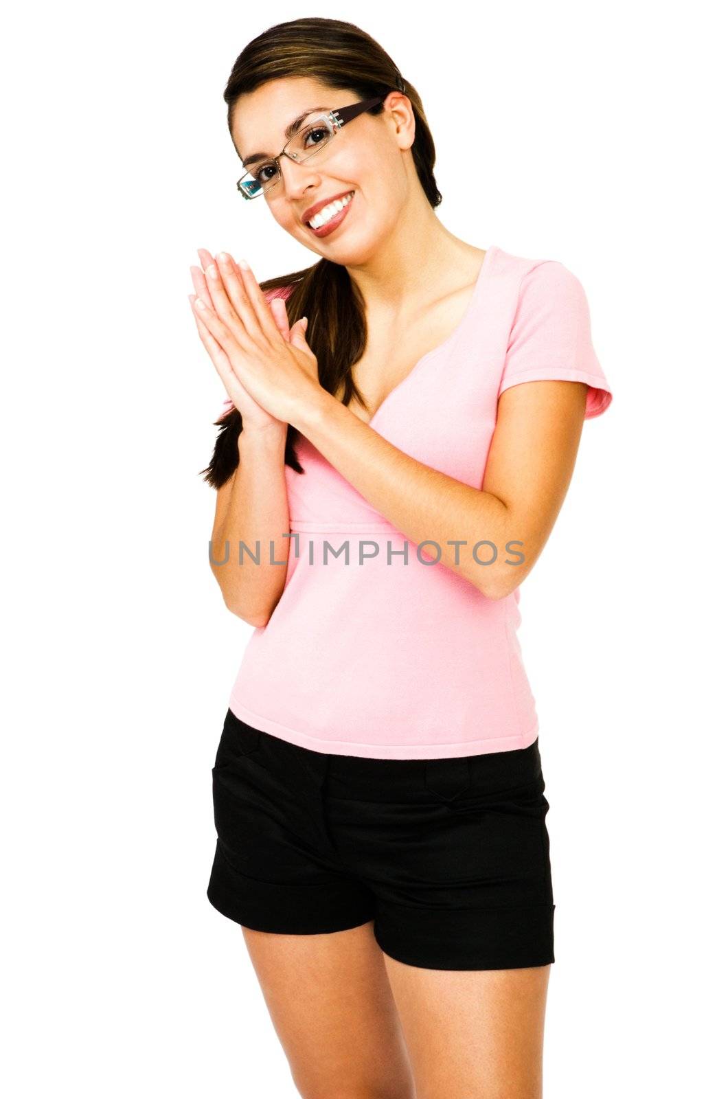 Portrait of a woman standing and smiling isolated over white