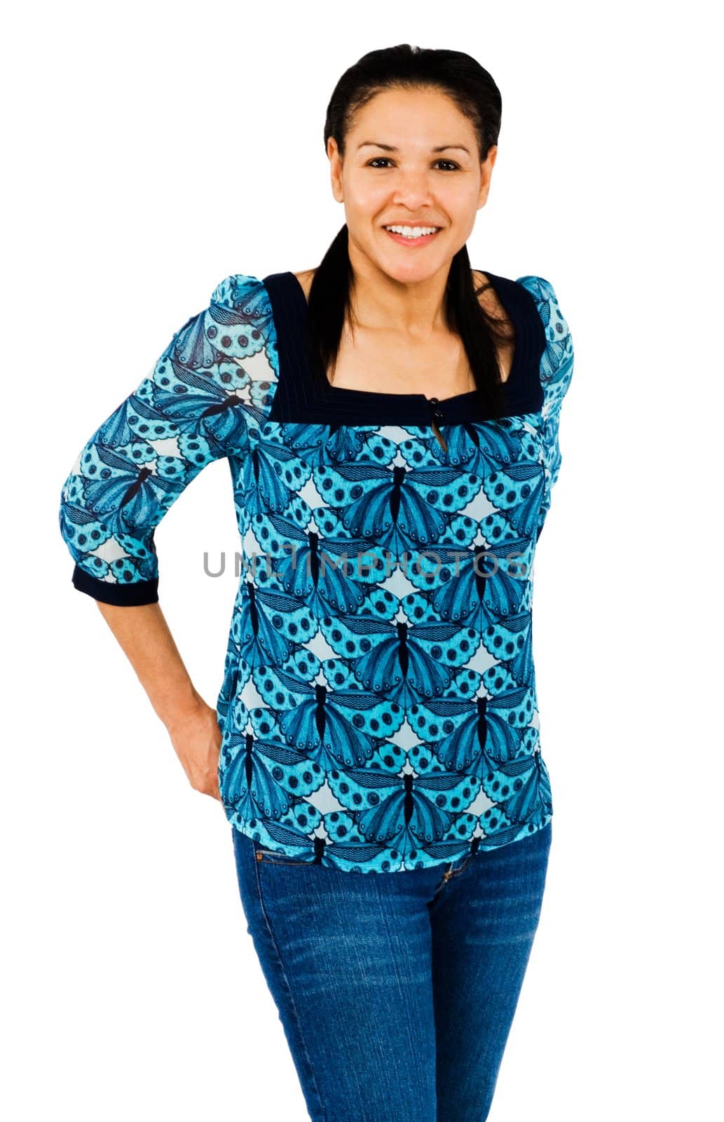 Close-up of a young woman posing and smiling isolated over white