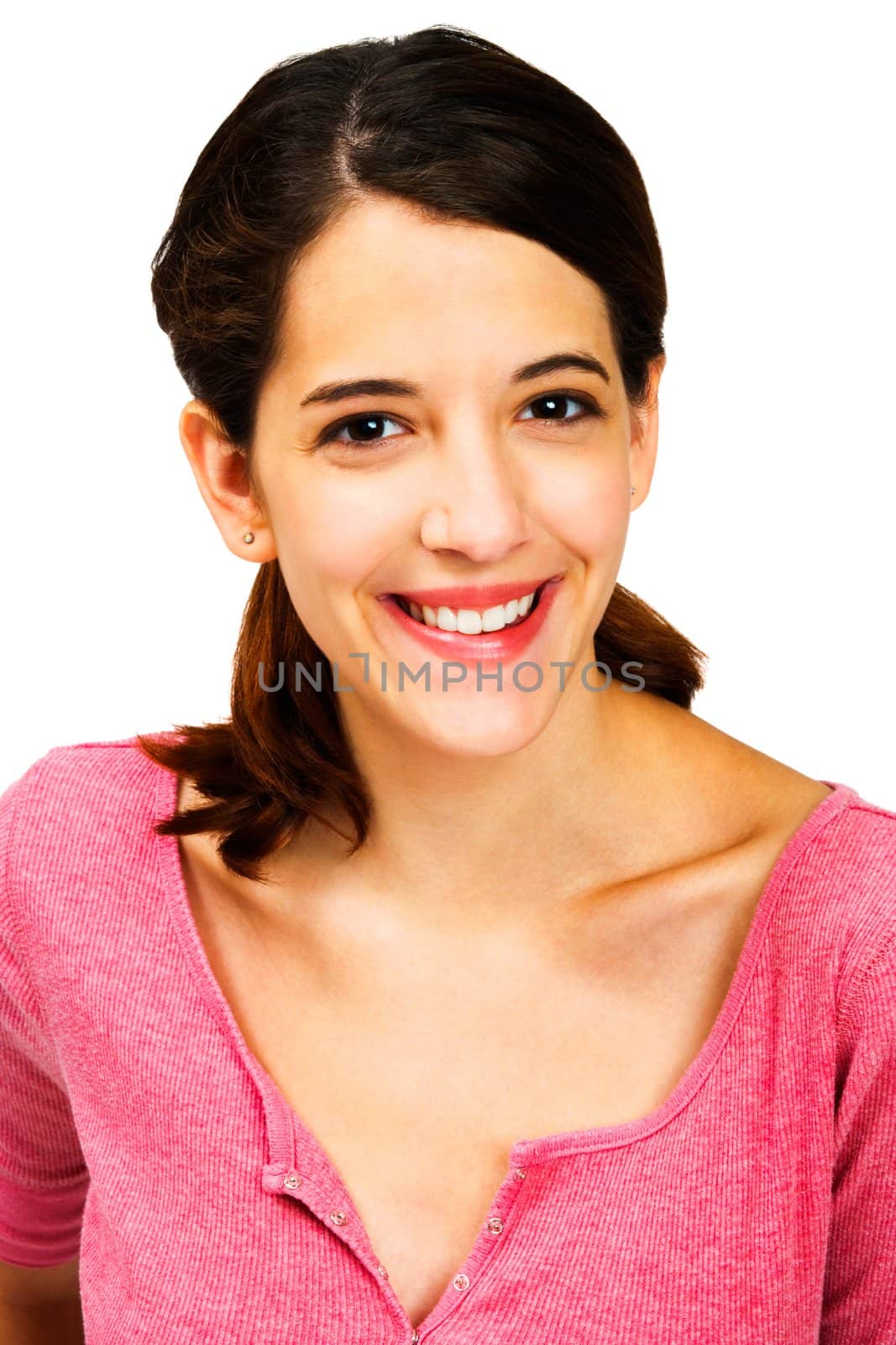 Close-up of a young woman smiling isolated over white