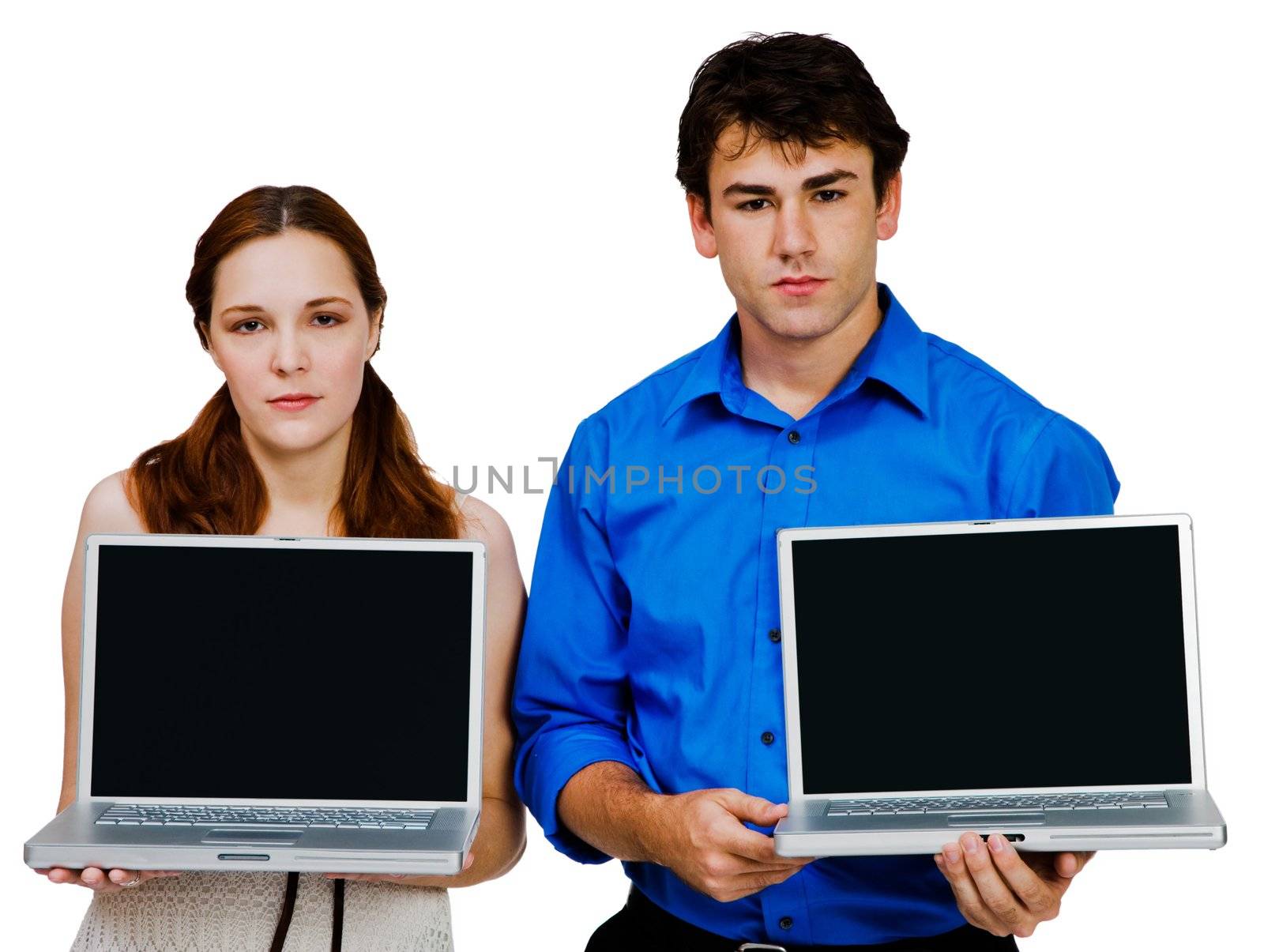 Man and woman showing laptops isolated over white