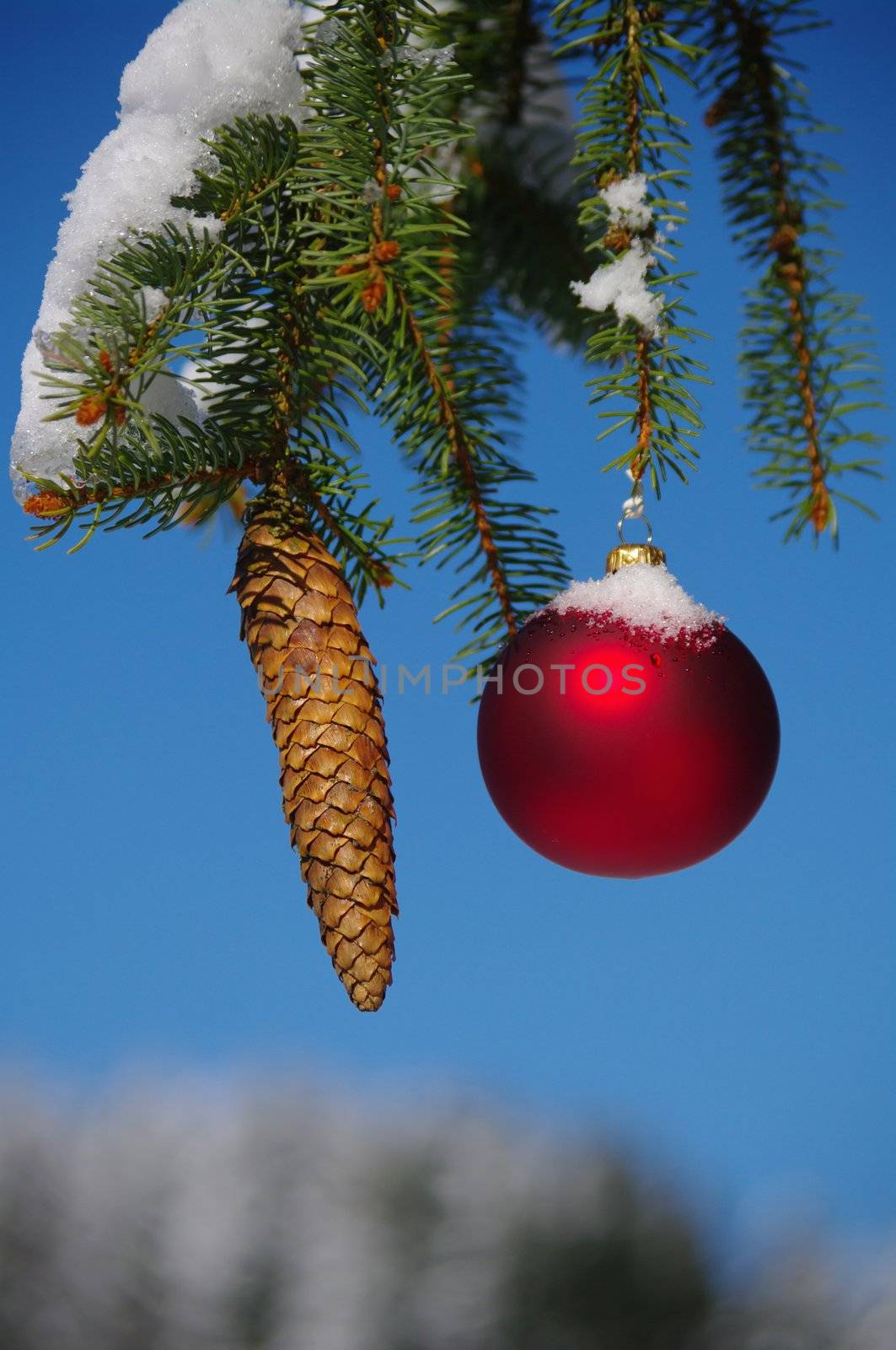 red bauble christmas ball ornament outside in a snowy winter scene